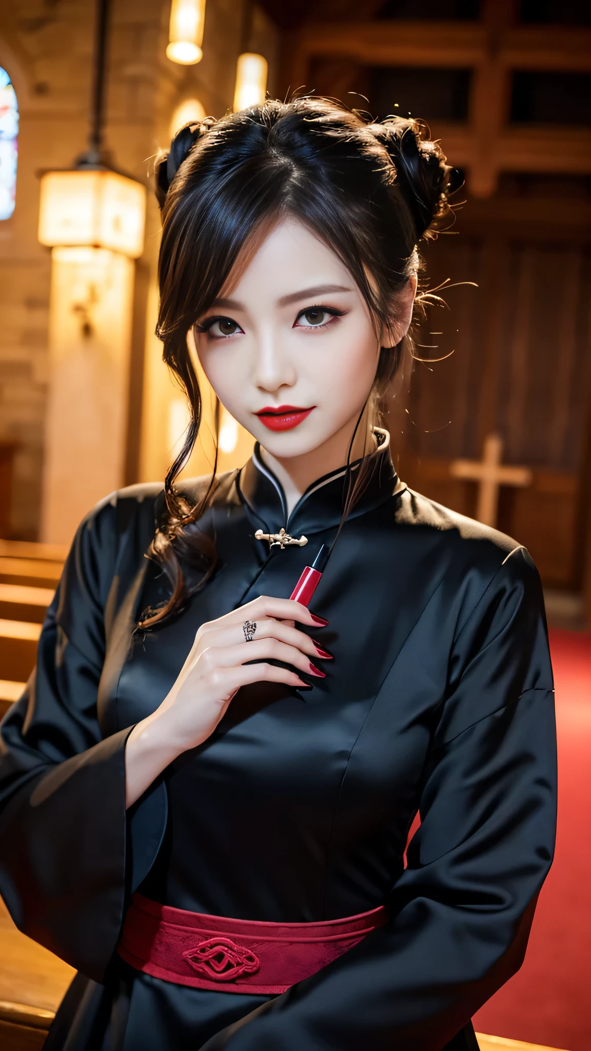 Super detailed、Japanese、charming beauty、seductive adult woman、Beautiful woman、sharp eyes、cool girl、wavy hair、half up hair、long black cheongsam、wide sleeve、evilの幹部、evil depravity、brainwashing、Mind control、apply lipstick、grin、evilな表情、evil、empty eyes、evil、church at night、vampire、vampire、Hypnosia makeup brush