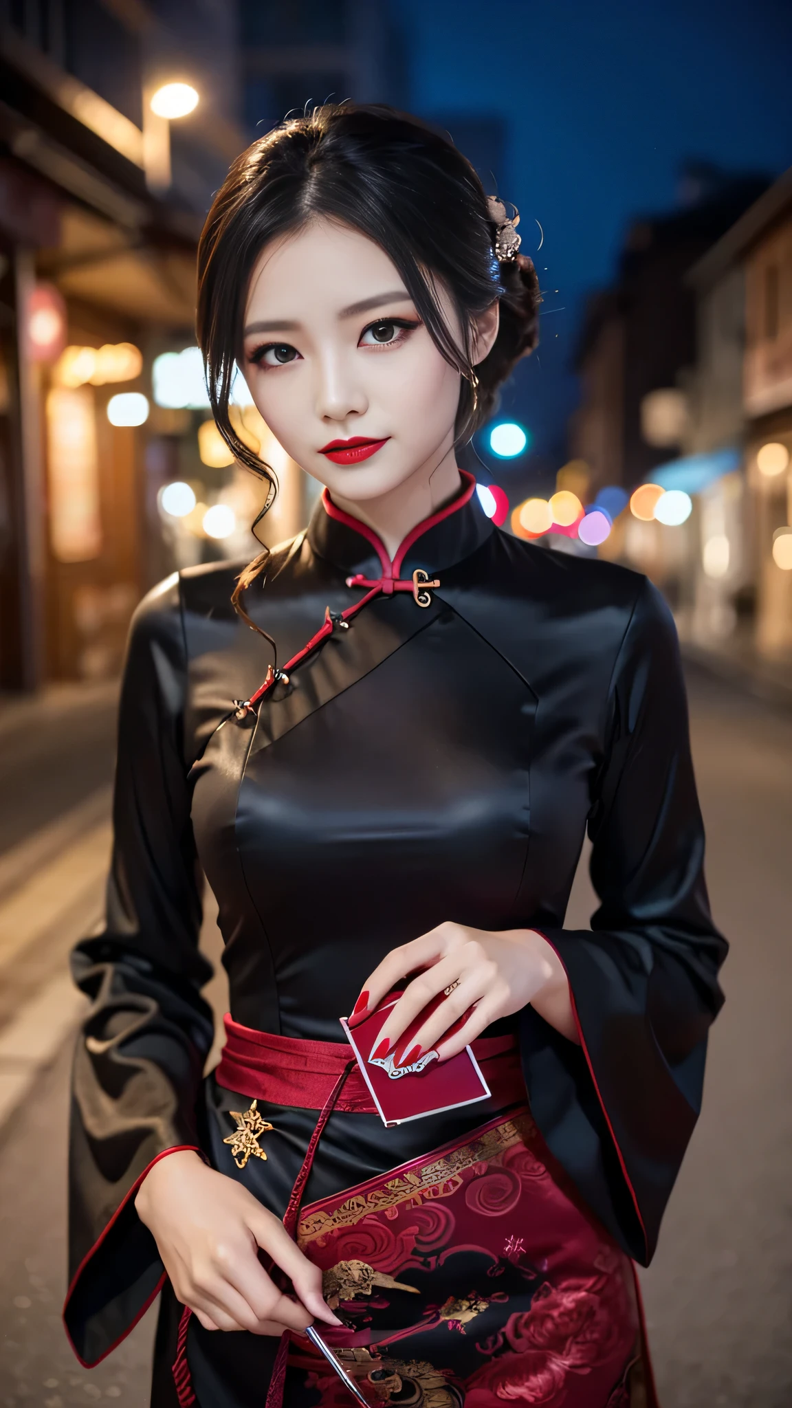 Super detailed、Japanese、charming beauty、seductive adult woman、Beautiful woman、sharp eyes、cool girl、wavy hair、half up hair、long black cheongsam、wide sleeve、evilの幹部、evil depravity、brainwashing、Mind control、apply lipstick、grin、evilな表情、evil、empty eyes、evil、church at night、vampire、vampire、Hypnosia makeup brush
