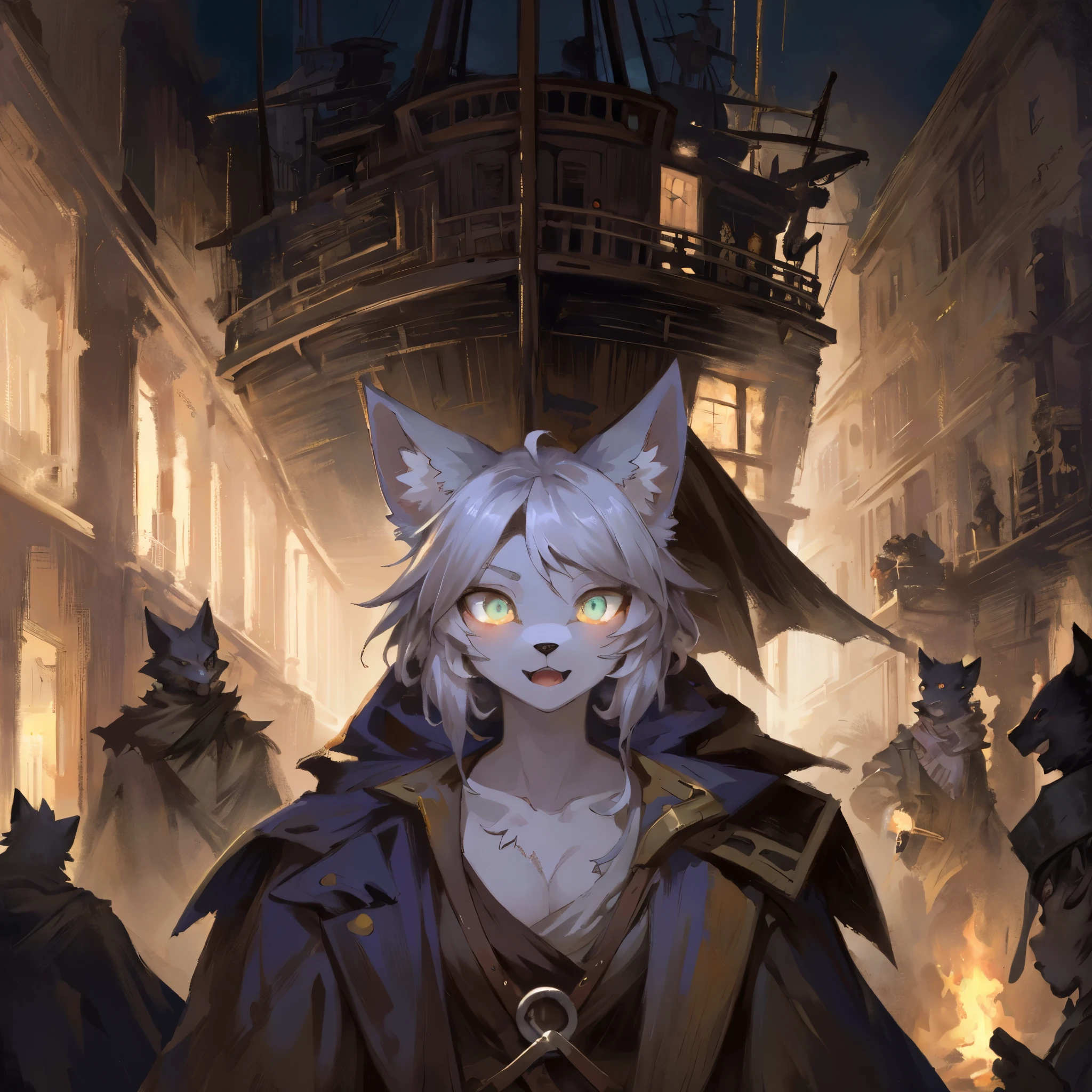 top quality, best quality, High-quality illustrations, masterpiece, super high resolution, detailed background, Hospitals with power outages, Spooky creatures, Pirate Ship, a pirate, 6+boys, 6+girls, absurdres(highly detailed beautiful face and eyes)perfect anatomy, expression, good lighting, cinematic shadow(kemono, furry anthro),