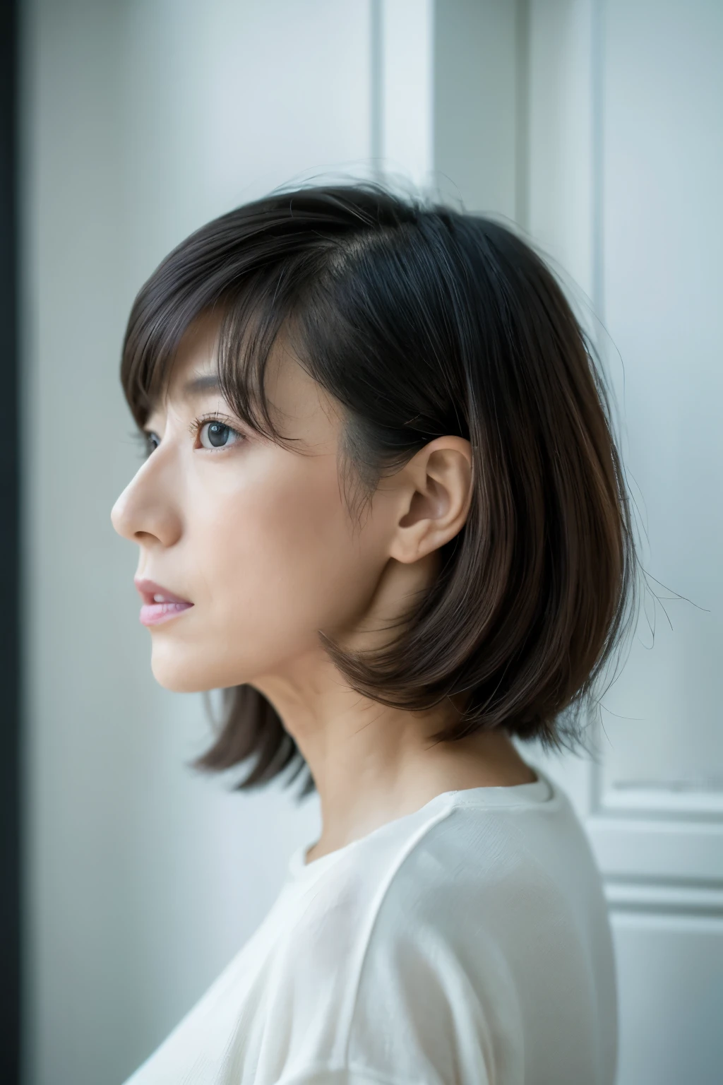 8K, (Raw photo), (Photo realistic:1.4), (4K Highest image quality:1.2), (High resolution:1.4), (hyper realistic:1.1), Depth of field, (Detailed face), (Detailed eyes), beautiful eyes, (Skinny Japanese lady, 35 years old), a little depressed face expression, in front of the white door, ((white wall room with window)), natural soft light, Short hair, (layered haircut:1.2), (Detailed expression of hair), (in profile), Versatile poses, random pose, bare sholders