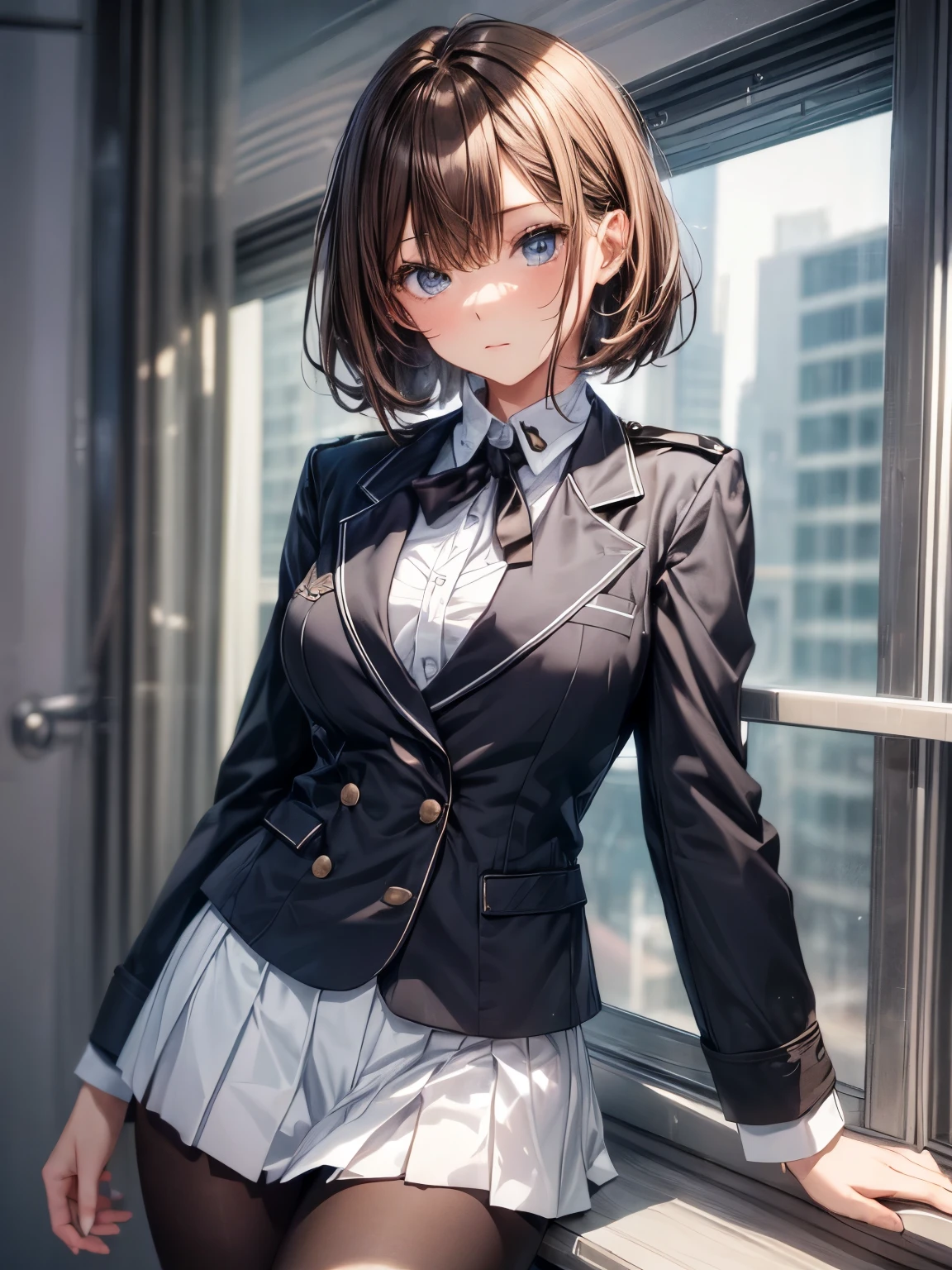 highest quality、complete limbs、one beautiful woman、((brown haired woman:1.3))、short hair woman、big breasted woman、high school girl、black uniform、black blazer、black mini skirt、black pantyhose、School