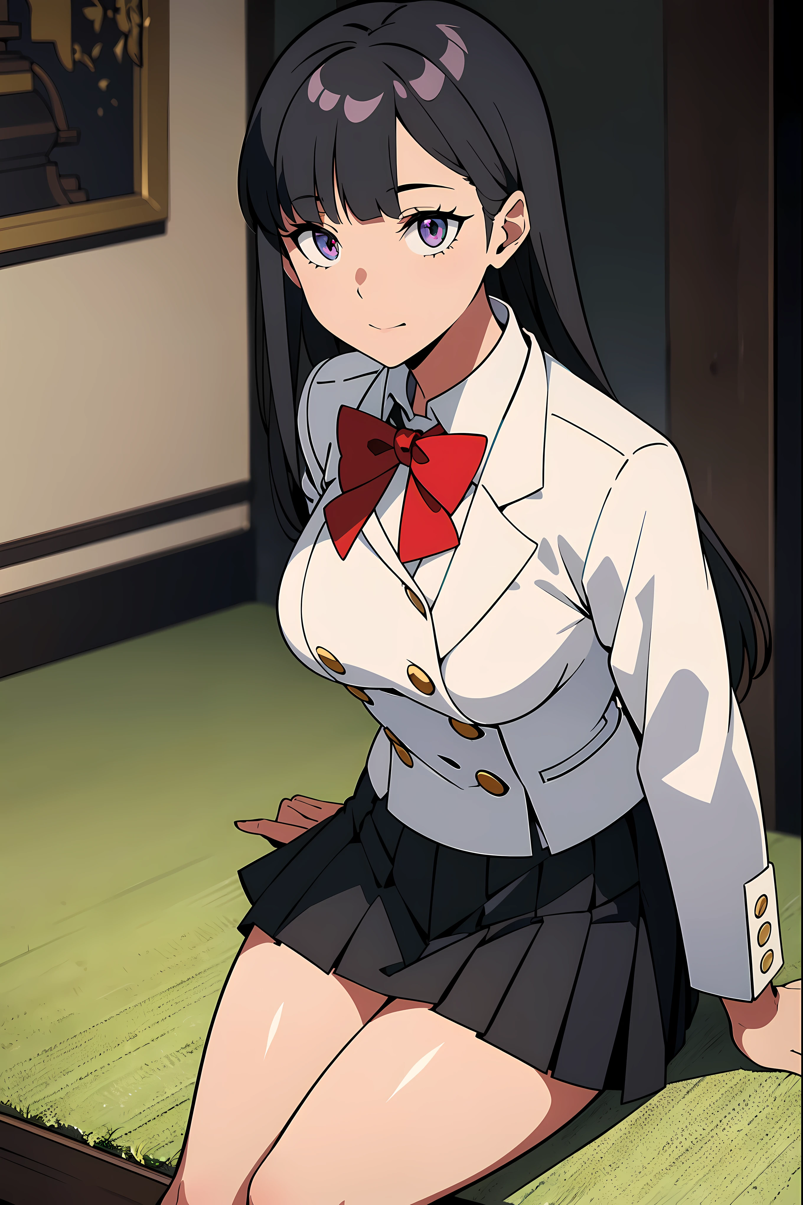(Beautiful posture), 1 girl,Slim,( Thin), ((black short skirt with pleats)),(((short double-breasted white jacket))), (fitted cloThing) ,a white blouse, (Red bow tie) ,(Mary Jane shoes,long white sock),long bangs on face, ((straight black long hair to waist)),GRAY EYES WITH A TINT OF PURPLE, knee-length portrait, Charming appearance, depicted in a fixed high resolution image of the best quality. The work is created using vibrant colors and physical rendering techniques to achieve hyper-detailed detail.... , simple bright clear eyes,manga eyes, amazingly detailed, emphasizing its unique charm. The texture of the piece is a combination of digital illustration and 3D rendering., giving it a fresh and vibrant look. The painting exudes a realistic and photorealistic style., with attention to every intricate detail, including facial expressions and pose of an orc. The overall color tone is rich and vibrant., with warm and earthy tones, dominant in the landscape. The lighting is so well thought out, What, select orc'facial features with a soft and pleasant glow., Adding depth and volume to a composition..(complex women's armor)
