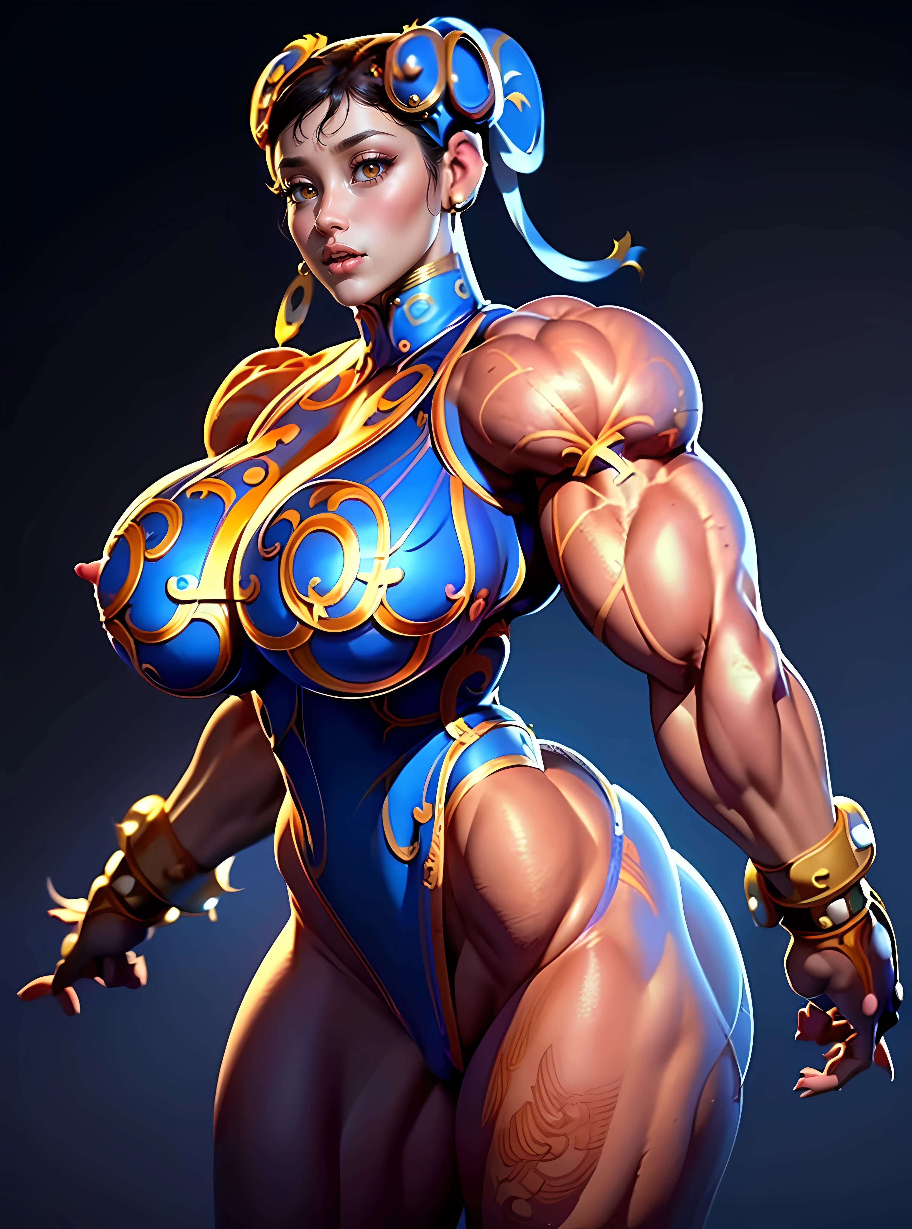 ((Best quality)), ((Masterpiece)), ((Realistic)) and ultra-detailed photography of a girl with goth colors. (NSFW:1.98), ((Beautiful and aesthetic)), (((((Massive Female Bodybuilder Chun-li:1.45))))), dressed in (small black micro-thong, black micro-bikini Star motif ), , , 
((((Muscular Quadriceps)))), , , 
((((Huge breasts:1.75)))), , , 
1, , Sexy, under-wear, Hot, (Cream gradient background)