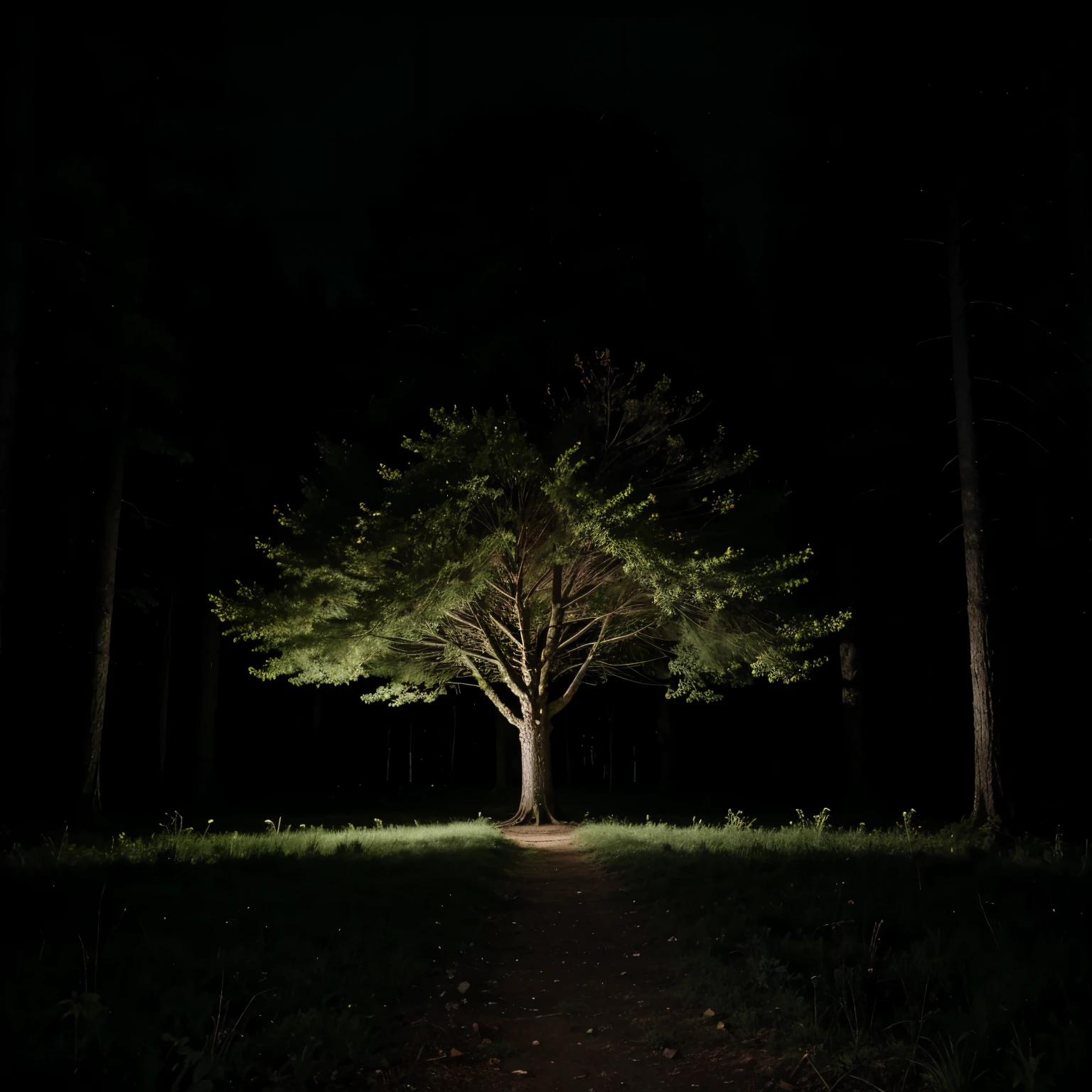 1, huge tree, deep forest, night, no light 