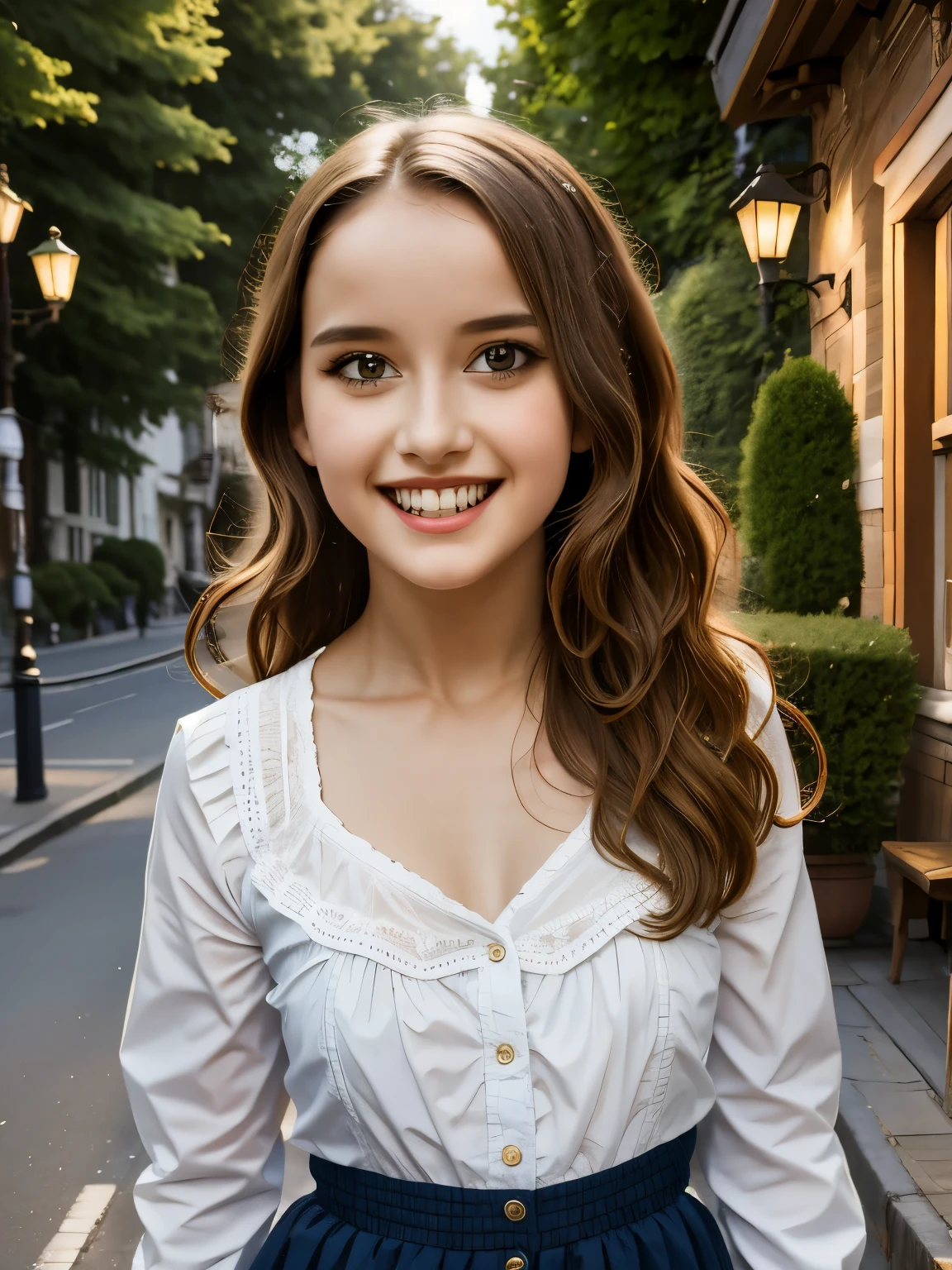 (masterpiece), best quality, expressive eyes, perfect face,a girl smiles towards the camera in a wonderful sunny day. her smile is cheerful but contained and reserved, Victorian era posing in front of a period building, night, street lights, people along the road, horse-drawn carriages, romantic atmosphere, sky with various nocturnal colors and stars.