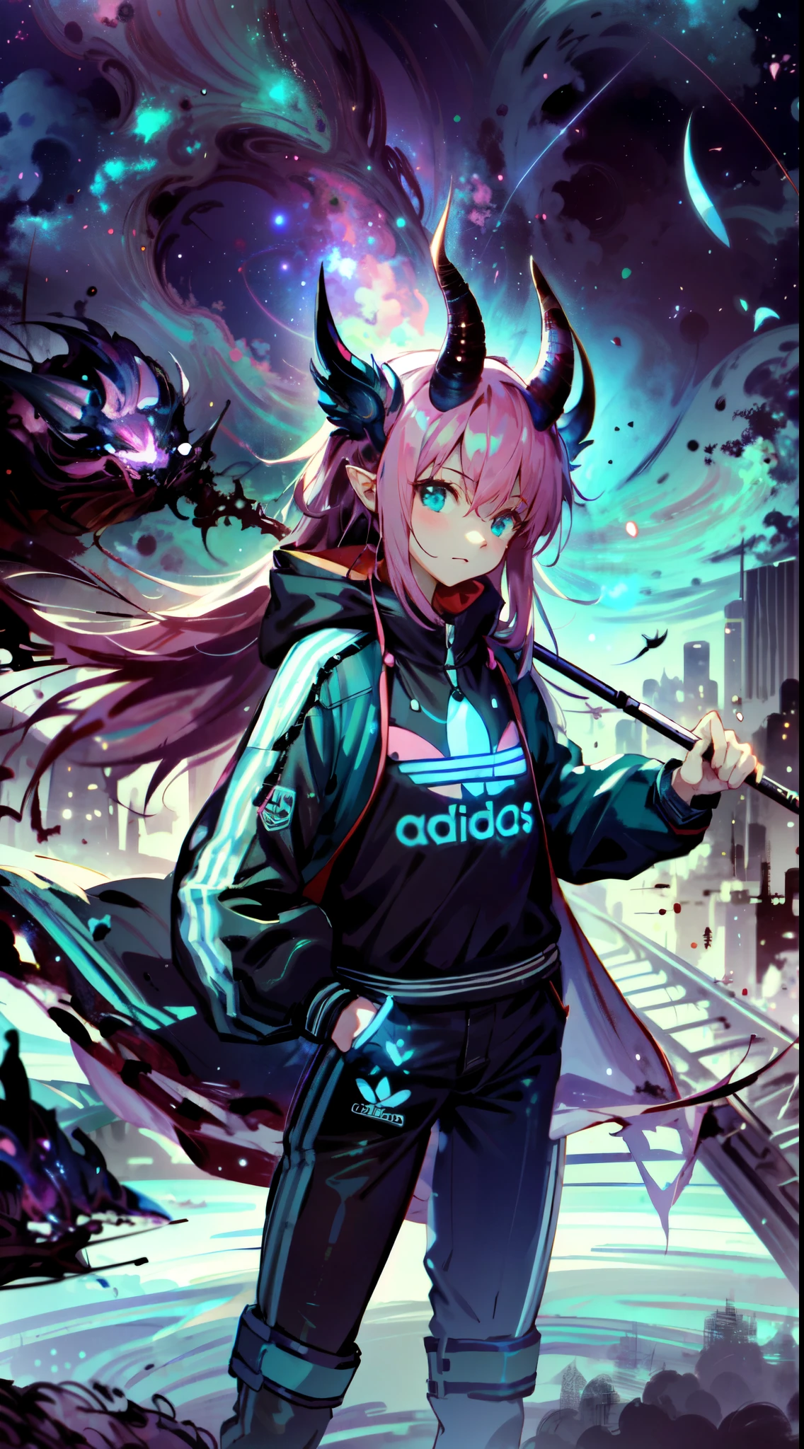 Girl, pink hair, black Horns, Black and pink adidas techwear outfit, holding a staff, action pose, ghibli studio landscape, studio ghibli background, full body portrait, best quality, detailed eyes, eldritchtech, cosmic, dark energy, eldritchtech, cosmic, aqua and pink details, Modern anime style, dark ambience, Obscure, nebula