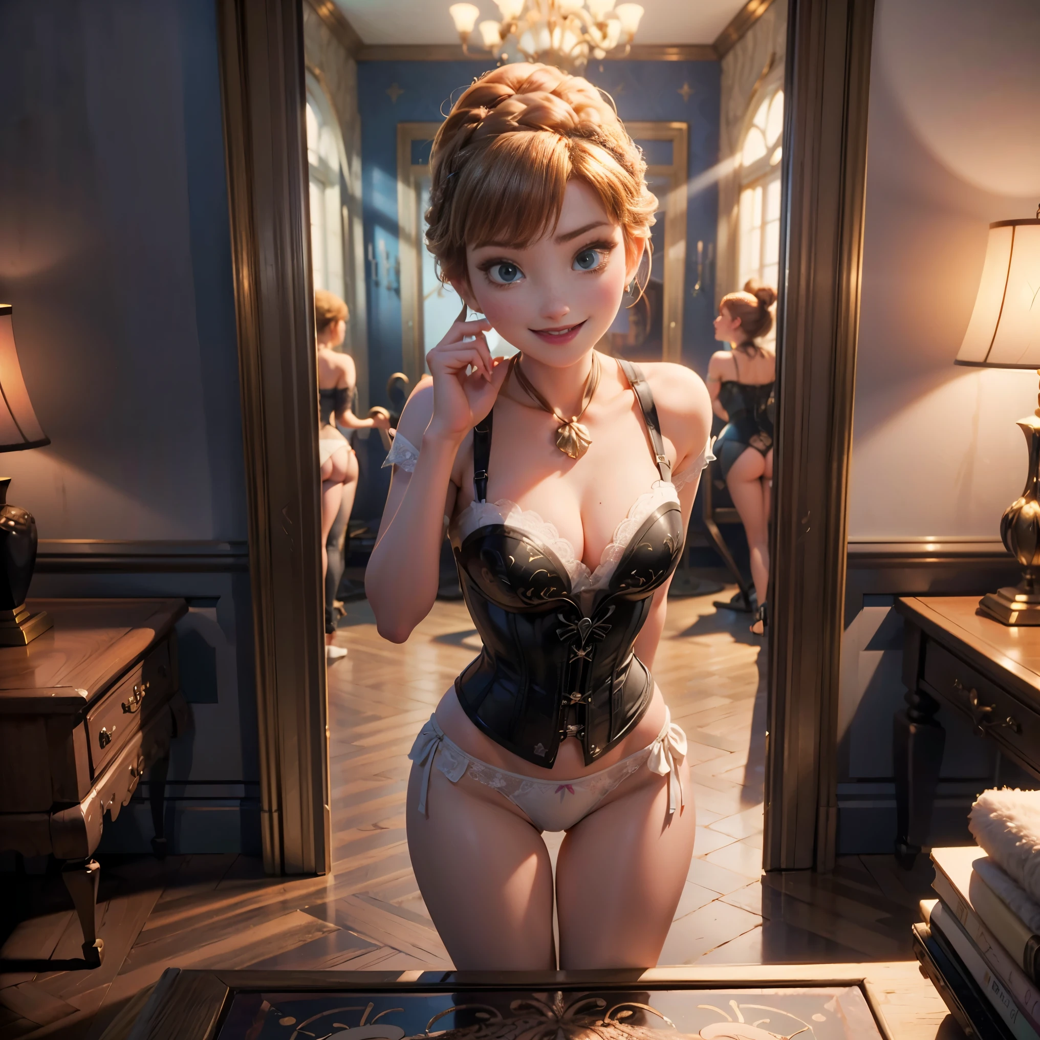 One girl, (Anna from Disneys frozen as a milf all alone in her chambers wearing white thong bottoms and a lace corset), showing off and smiling, sexy, beautiful girl, innocent, flirtation, all alone, bending down to show off to the camera, clear eyes, by the mirror, reflection