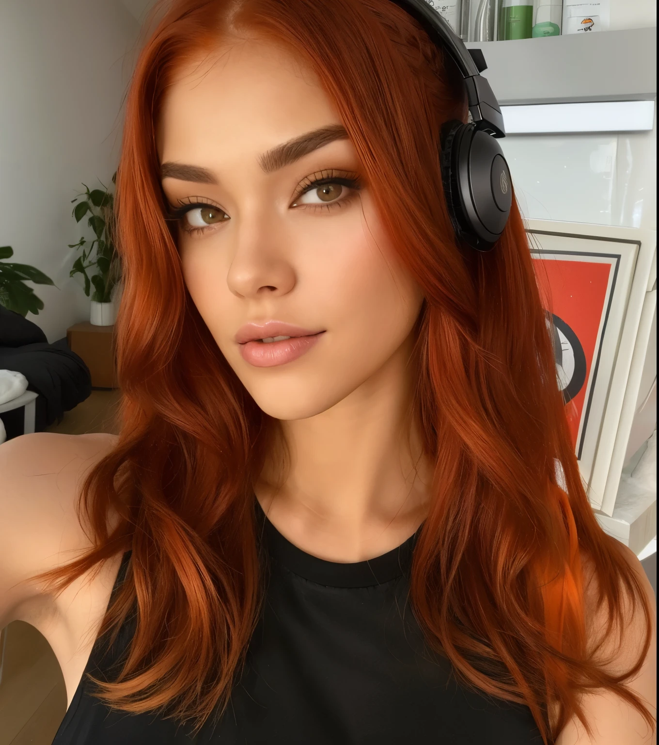 there is a red-haired woman wearing headphones and a black blouse, cabelo laranja brilhante, Madison Beer como Leeloo, orange hair, longos cabelos ondulados laranja, cabelo laranja brilhante, pele laranja e cabelo ardente longo, Justina Blakeney, Ela tem longos cabelos castanhos alaranjados, cabelo laranja longo, cabelos vermelhos brilhantes, ela tem cabelos longos e redorange