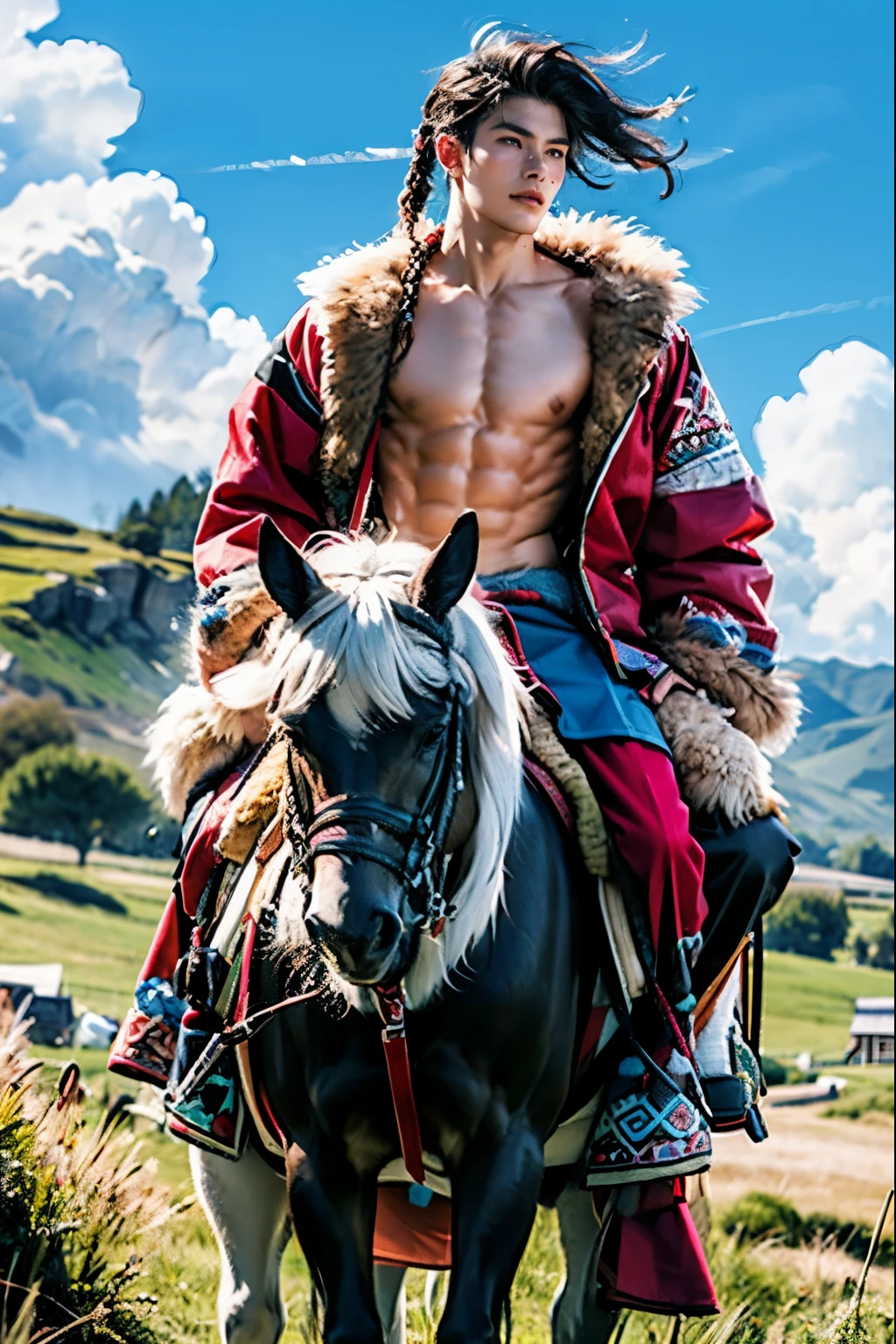 1boy, braids, bare-chested, muscular, young, abs, male solo, riding horse, grassland, fur, Tibetan clothing, depth of field, vfx, cold tones