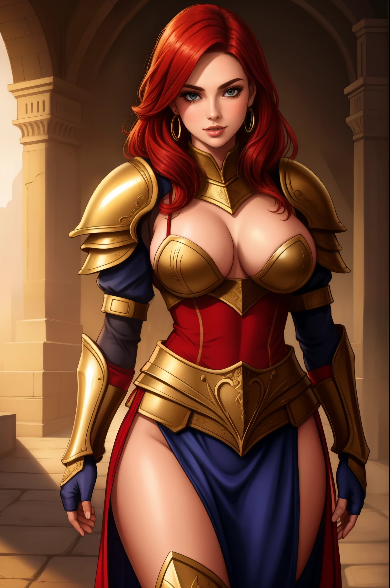 sexy female gladiator, wearing armour, heavy armour, cowboy shot, red hair, toned body,