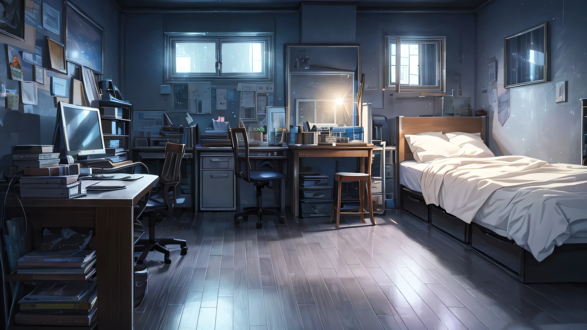 A magical scene of a small room with a large window showing the moon on a rainy night, Soft color palette that enhances the atmosphere. atmosfera de serenidade, messy little room (melhor qualidade) (8k resolution) (ultra-gigantes)