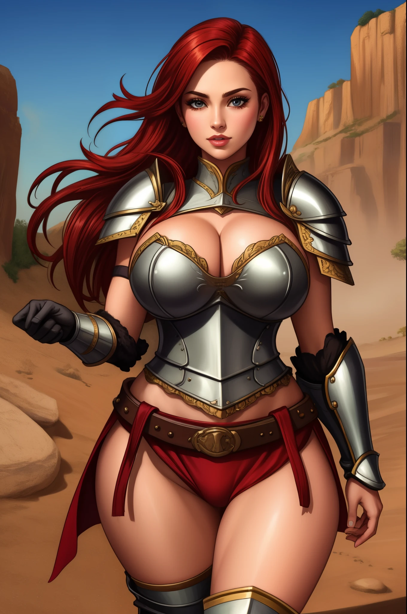 sexy female gladiator, wearing armour, heavy armour, cowboy shot, red hair, toned body, cleavage, wide hips, 
