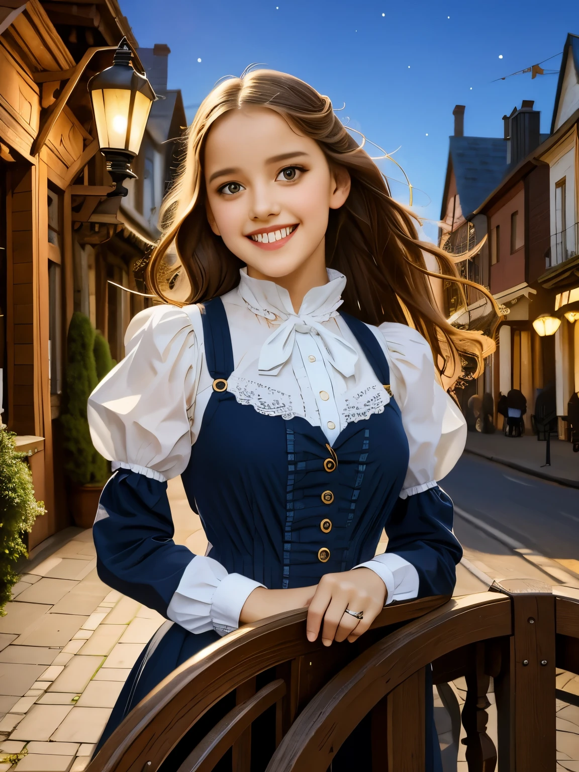 masterpiece), best quality, expressive eyes, perfect face,a girl smiles towards the camera in a wonderful sunny day. her smile is cheerful but contained and reserved, Victorian era posing in front of a period building, night, street lights, people along the road, horse-drawn carriages, romantic atmosphere, sky with various nocturnal colors and stars.​