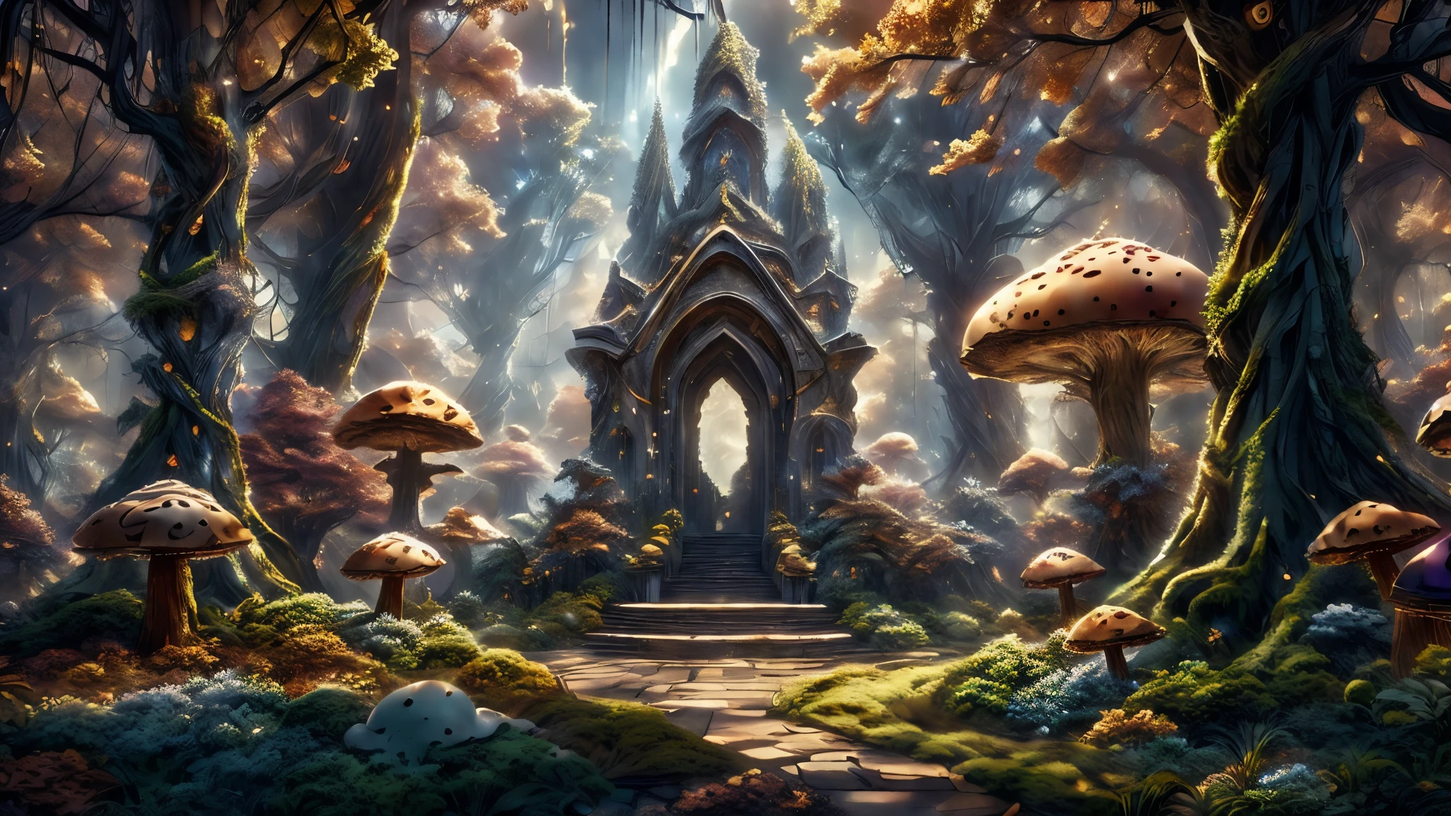 (Masterpiece), best quality, 8k, magical atmosphere, forest, majestic trees, colorful mushrooms, marble and ceramic central square, fairytale atmosphere, harmony of nature, ethereal magic, breathtaking beauty, mysterious wonder.