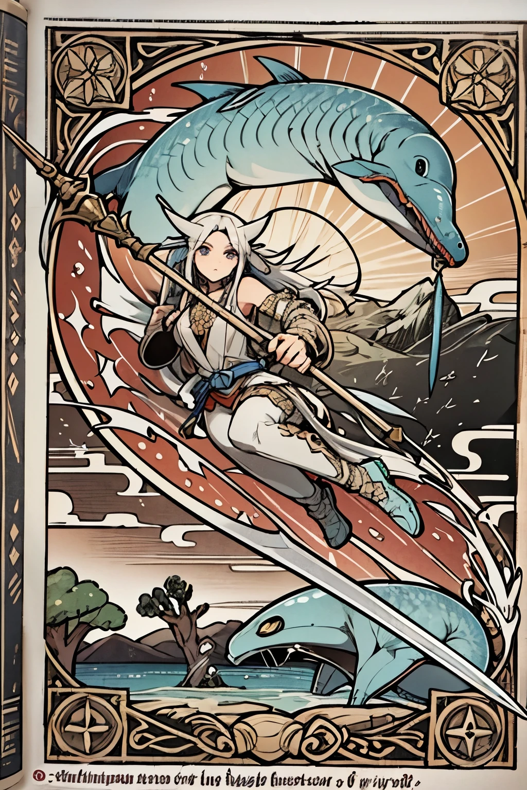 sea hunter, strong fisherman, spear, by bestiary_style, masterpiece, best quality, high detailed face, solo, harpoon, whale hunter, whale hunting, hunting sea monster, sea monster killer, using spear, throwing spear, jumping with spear, movement, on action, RPG, rpg class, class design, rpg character, rpg game, by bestiary_style, masterpiece, best quality, perfect arms, perfect hands, high detailed hands, best quality hands, perfect fingers, high detail face, technology, scifi