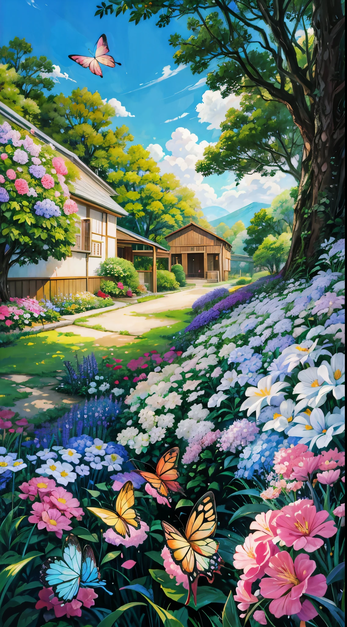 painting of a garden with flowers and a butterfly flying over it, anime countryside landscape, painted in anime painter studio, beautiful anime scene, anime background art, beautiful anime scenery, anime beautiful peace scene, made with anime painter studio, anime scenery, anime nature, floral environment, scenery art detailed, digital painting highly detailed, scenery artwork, anime landscape, highly detailed digital painting