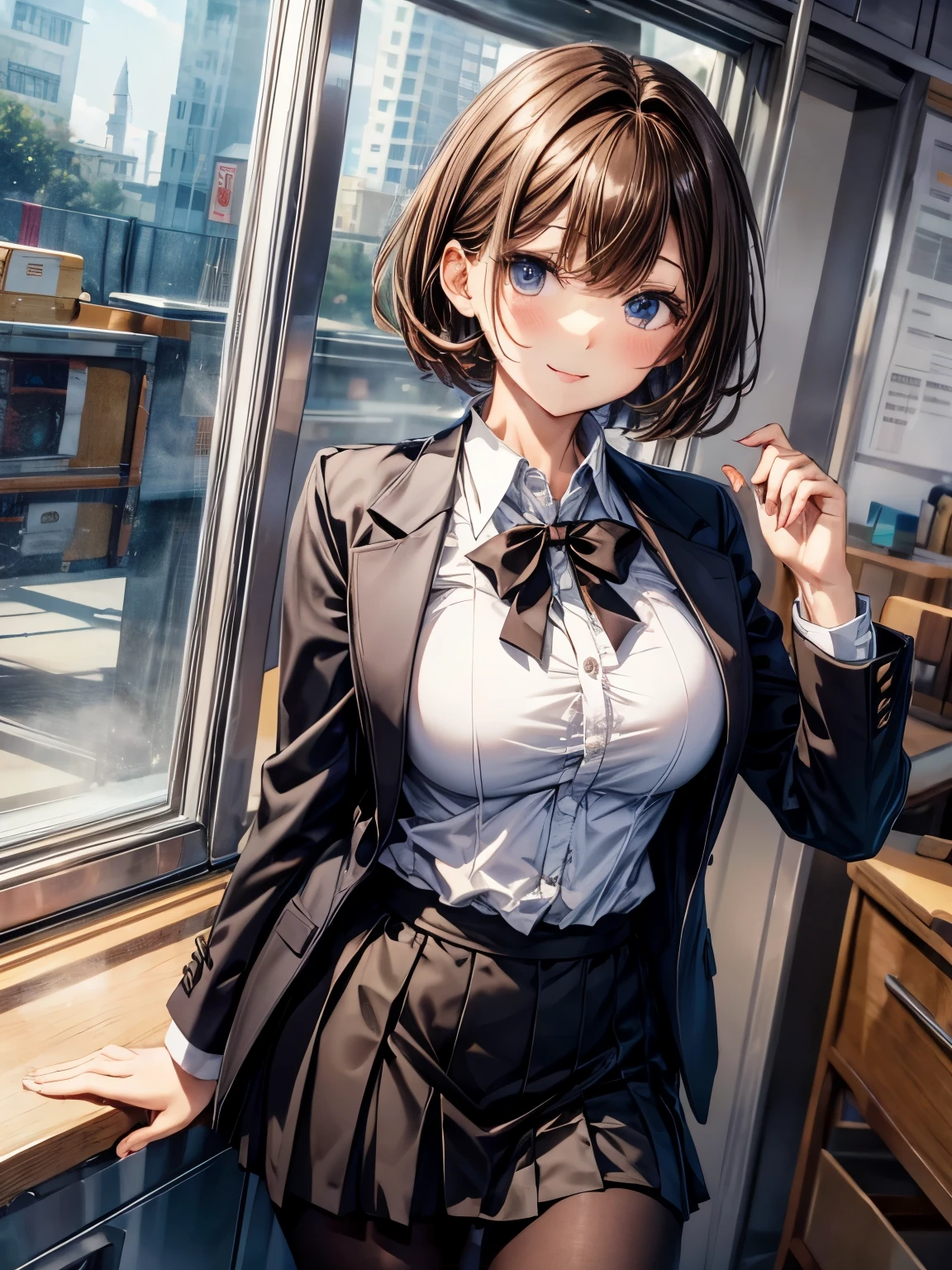 highest quality、complete limbs、one beautiful woman、((brown haired woman:1.3))、short hair woman、big breasted woman、high school girl、black uniform、black blazer、black mini skirt、black pantyhose、School、big smile、classroom、machine