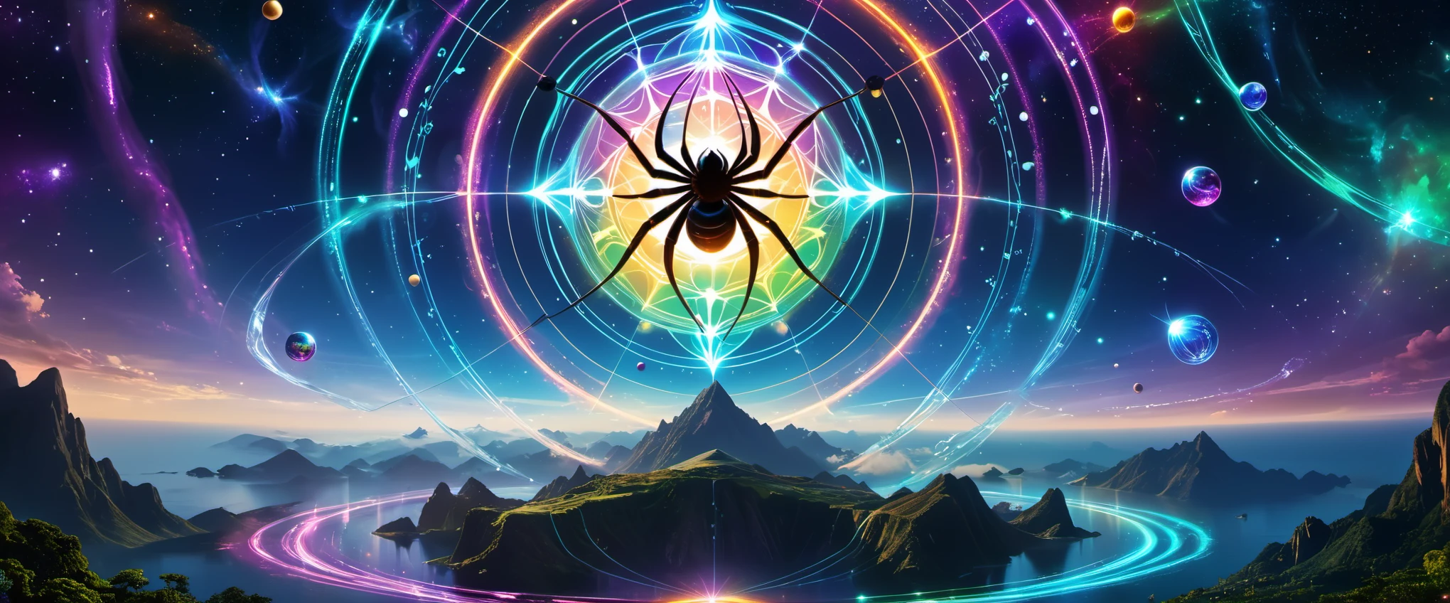 A colossal spider along with its web is the protagonist of the composition. The web transforms into a magic circle representing mystical energy. The circle is filled with vibrant colors each symbolizing different energies, thereby enriching and diversifying the artwork. The cosmic space background, decorated with floating spheres and celestial bodies, introduces depth and visual appeal. Intricate details such as textures, lines, and embellishments manifest a vibrant scene. The magic circle follows a Mandala design rendering a mystique feel. Inside the circle, glowing energy rings and radiating lines boost their allure. Ethereal lighting effects tranform the composition into a fantasy scene. Fractal patterns of celestial bodies set against a sacred geometry in the background refines the aesthetics and amplifies the mystery. Floating celestial bodies resonate the magic circle, rendering magnetism and eye-catching scene. The entire depiction is serene yet filled with energy, creating a beautiful and enchanting fantasy space