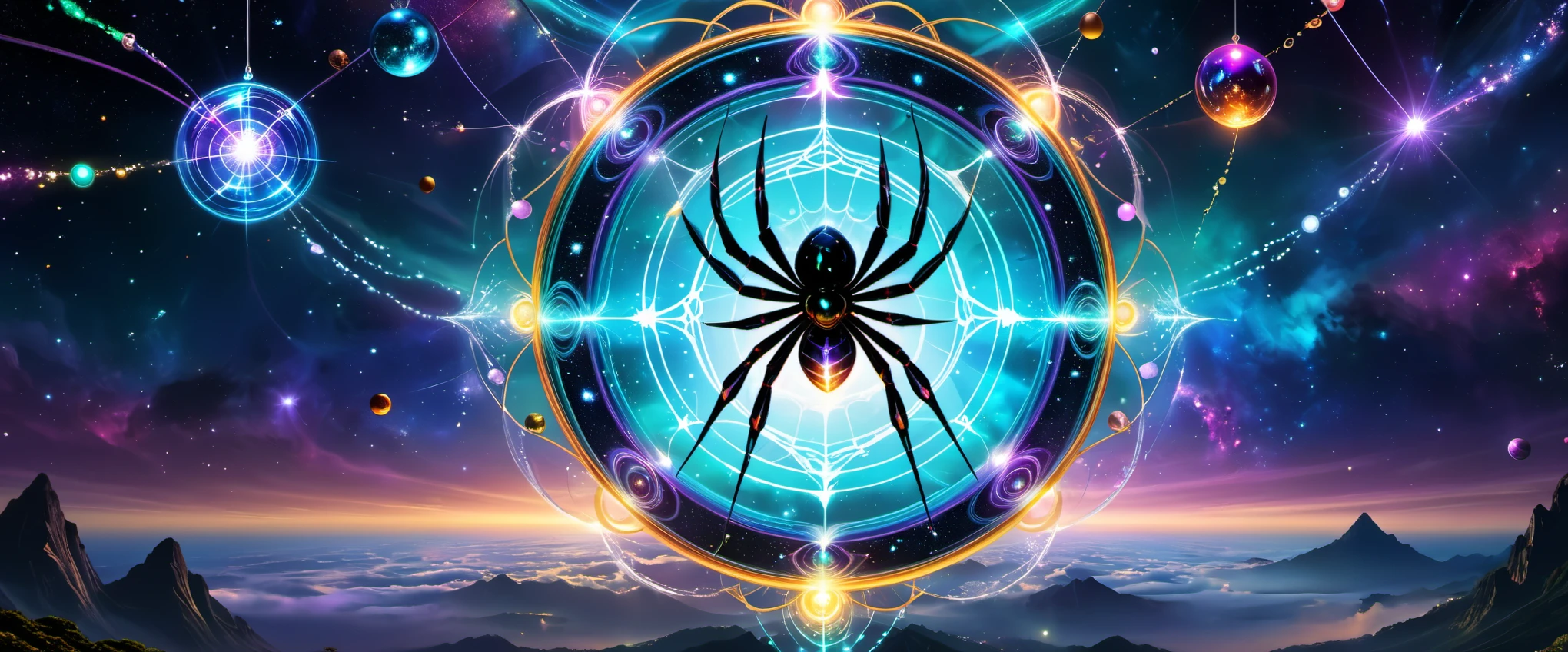 A colossal spider along with its web is the protagonist of the composition. The web transforms into a magic circle representing mystical energy. The circle is filled with vibrant colors each symbolizing different energies, thereby enriching and diversifying the artwork. The cosmic space background, decorated with floating spheres and celestial bodies, introduces depth and visual appeal. Intricate details such as textures, lines, and embellishments manifest a vibrant scene. The magic circle follows a Mandala design rendering a mystique feel. Inside the circle, glowing energy rings and radiating lines boost their allure. Ethereal lighting effects tranform the composition into a fantasy scene. Fractal patterns of celestial bodies set against a sacred geometry in the background refines the aesthetics and amplifies the mystery. Floating celestial bodies resonate the magic circle, rendering magnetism and eye-catching scene. The entire depiction is serene yet filled with energy, creating a beautiful and enchanting fantasy space