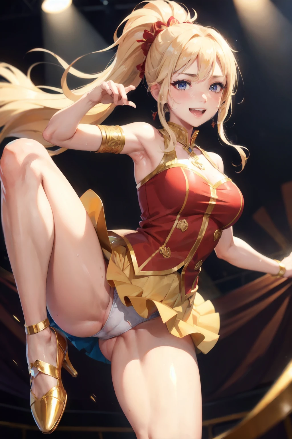highest quality、cinematic lighting、on stage、dancer、dancer、golden national costume、raise one leg、full of sweat、smile、sweaty、open your legs、exposing panties、