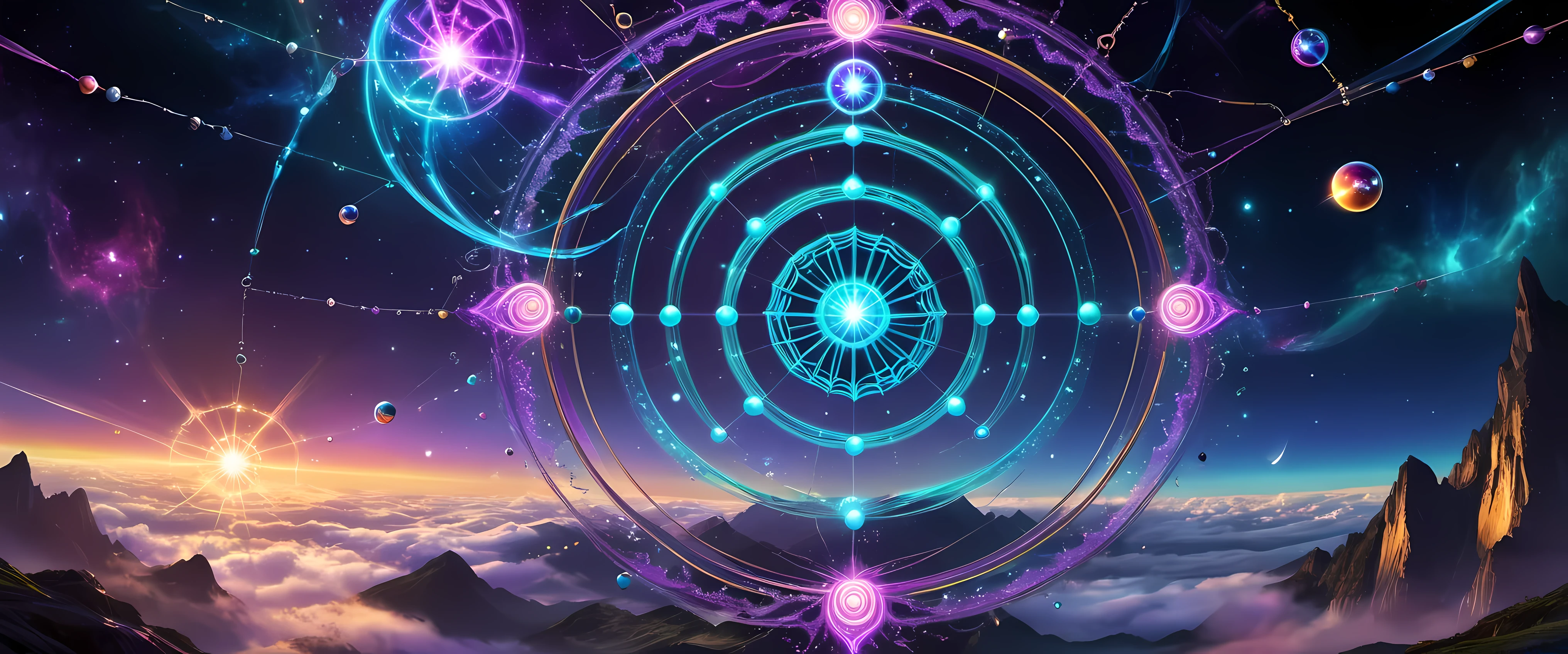 A colossal spider along with its web is the protagonist of the composition. The web transforms into a magic circle representing mystical energy. The circle is filled with vibrant colors each symbolizing different energies, thereby enriching and diversifying the artwork. The cosmic space background, decorated with floating spheres and celestial bodies, introduces depth and visual appeal. Intricate details such as textures, lines, and embellishments manifest a vibrant scene. The magic circle follows a Mandala design rendering a mystique feel. Inside the circle, glowing energy rings and radiating lines boost their allure. Ethereal lighting effects tranform the composition into a fantasy scene. Fractal patterns of celestial bodies set against a sacred geometry in the background refines the aesthetics and amplifies the mystery. Floating celestial bodies resonate the magic circle, rendering magnetism and eye-catching scene. The entire depiction is serene yet filled with energy, creating a beautiful and enchanting fantasy space