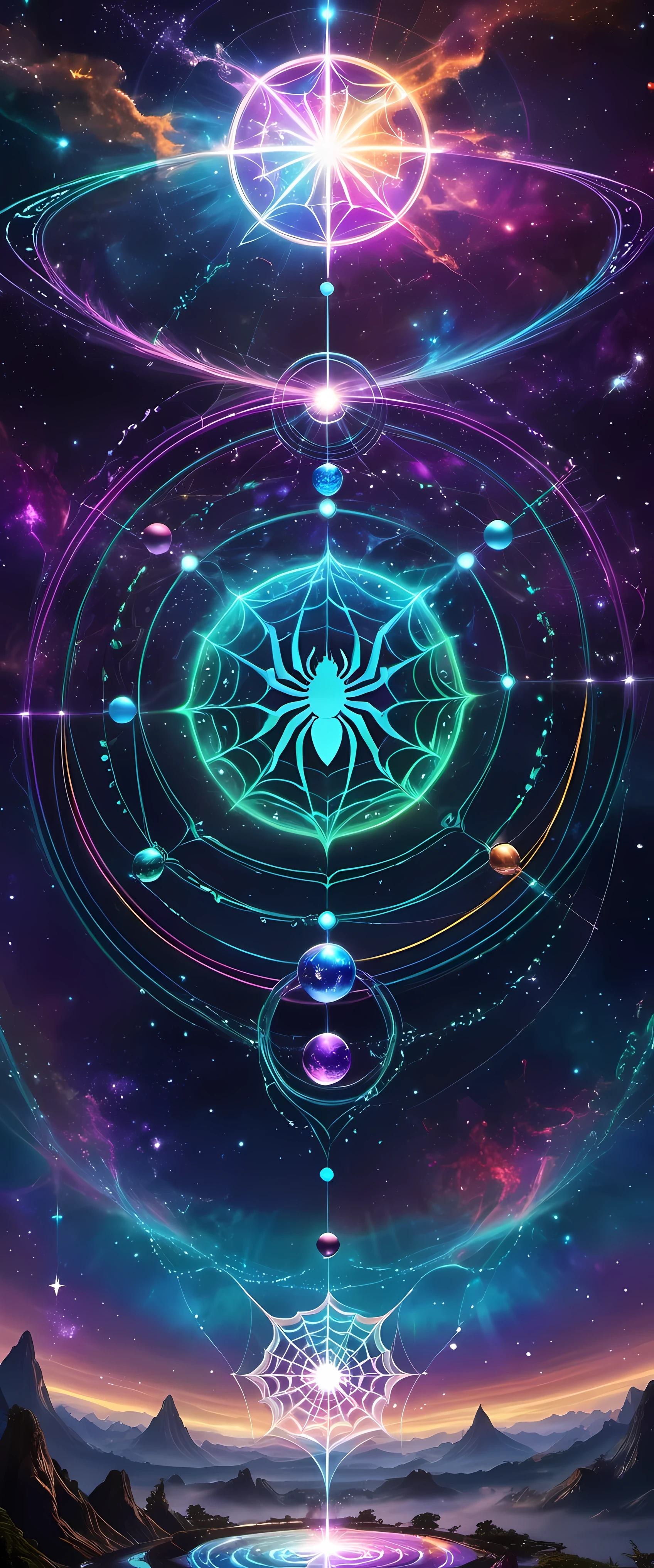 A giant spider and its web are the protagonists of the piece. The Internet becomes a magic circle representing mysterious energy. Circles filled with bright colors，Each color symbolizes a different energy, thereby enriching and diversifying artistic works. Universe space background, Decorated with floating spheres and celestial bodies, Introduce depth and visual appeal. Intricate details such as textures, Wire, and embellishments present a vibrant scene. Magic circle follows mandala design，Show a sense of mystery. within the circle, glowing energy rings and radiating Wire boost their allure. Ethereal lighting effects transform the composition into a fantasy scene. Fractal patterns of celestial bodies set against sacred geometry in the background，Refined aesthetics and enhanced mystique. Floating Celestial Resonance Magic Array, render magnetism、Striking scenes. The whole picture is calm and full of energy, Create a beautiful and charming fantasy space