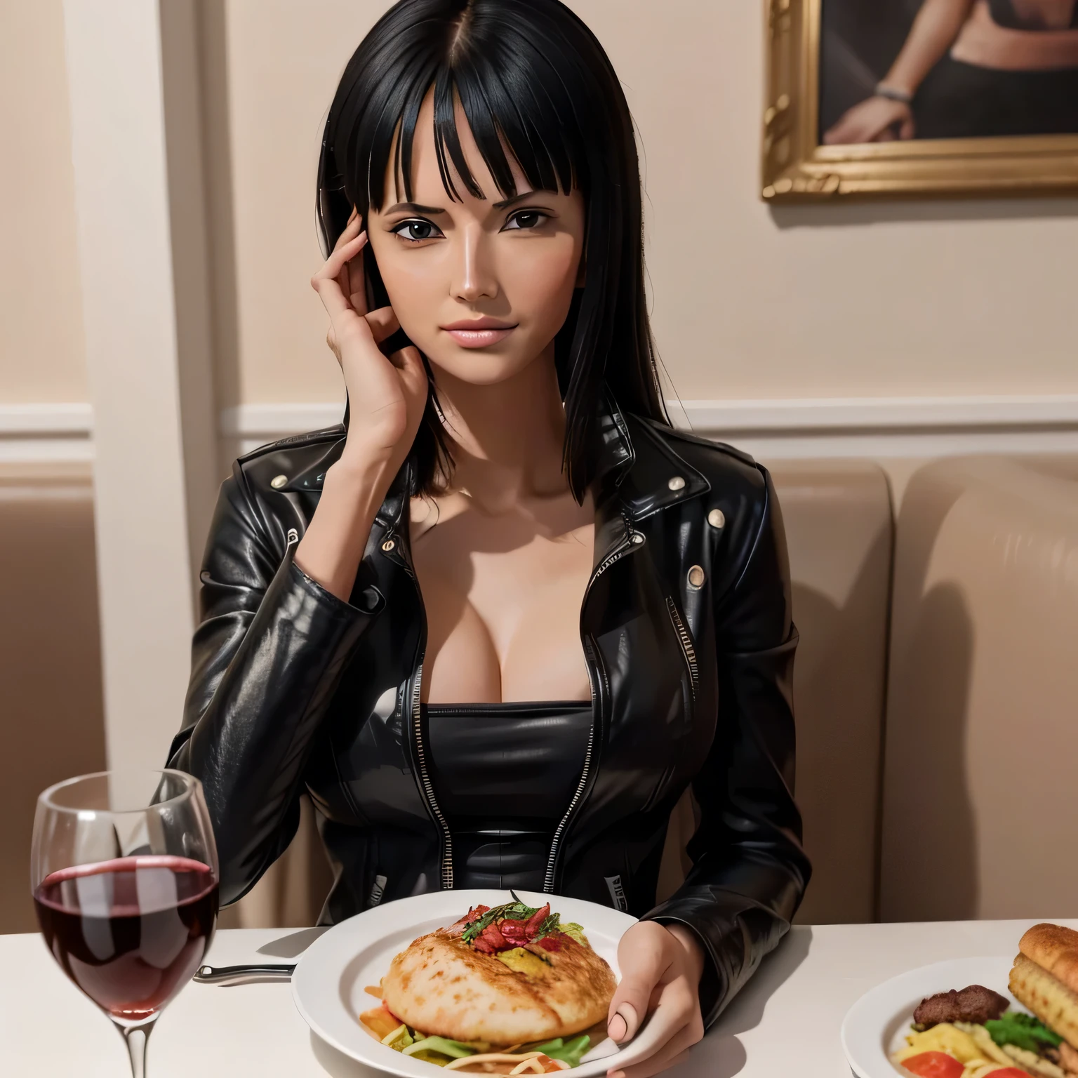 An ultra hot gorgeous European russian woman, age 28, dark black hair, fringe bangs. she's a playmate, men magazine model. She has a subtle smile, without showing teeth, flirts with the camera, nico_robinnn
In a classy restaurant, sitting across the table, holding a glass of wine, food on the table. 
Sensual pose, hand on her face.
She is wearing a black leather jacket, blue jeans.

Perfect anatomy, perfect hair, perfect breast, perfect body, perfect hands, perfect face, UHD, retina, masterpiece, accurate, anatomically correct, textured skin, super detail, high details, high quality, award winning, best quality, highres, 16k, 8k,