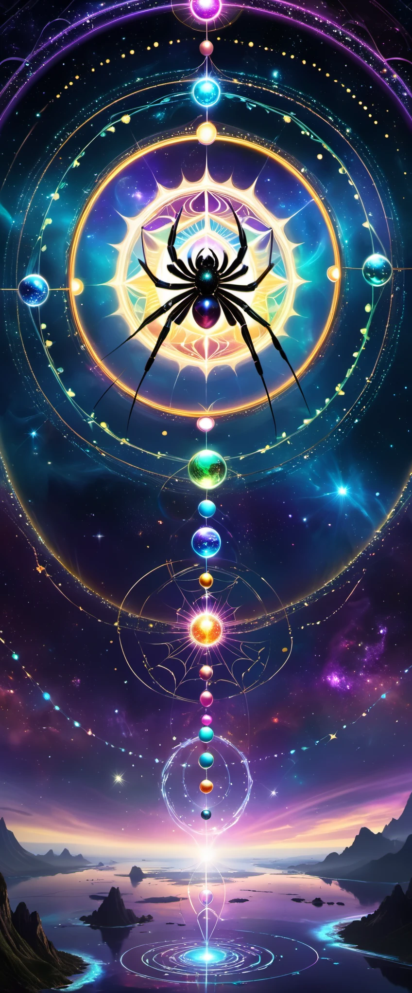 A colossal spider along with its web is the protagonist of the composition. The web transforms into a magic circle representing mystical energy. The circle is filled with vibrant colors each symbolizing different energies, thereby enriching and diversifying the artwork. The cosmic space background, decorated with floating spheres and celestial bodies, introduces depth and visual appeal. Intricate details such as textures, lines, and embellishments manifest a vibrant scene. The magic circle follows a Mandala design rendering a mystique feel. Inside the circle, glowing energy rings and radiating lines boost their allure. Ethereal lighting effects tranform the composition into a fantasy scene. Fractal patterns of celestial bodies set against a sacred geometry in the background refines the aesthetics and amplifies the mystery. Floating celestial bodies resonate the magic circle, rendering magnetism and eye-catching scene. The entire depiction is serene yet filled with energy, creating a beautiful and enchanting fantasy space