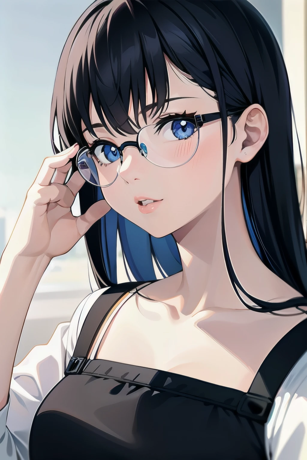 best quality, masterpiece, portrait, close up, upper body, glasses
1girl, kurihara mari, black hair, blue eyes, long hair, looking at viewer, wearing a white oversize
