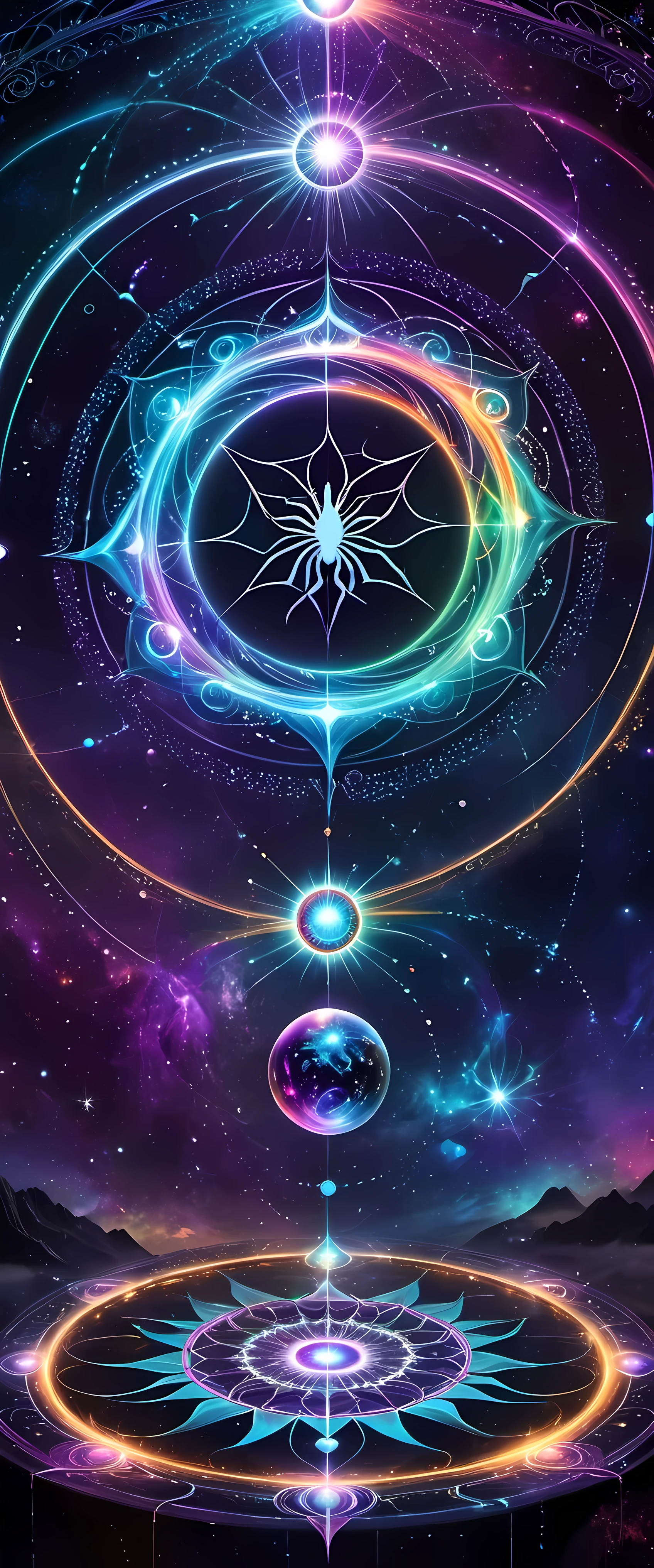 A giant spider and its web are the protagonists of the piece. The Internet becomes a magic circle representing mysterious energy. Circles filled with bright colors，Each color symbolizes a different energy, thereby enriching and diversifying artistic works. Universe space background, Decorated with floating spheres and celestial bodies, Introduce depth and visual appeal. Intricate details such as textures, Wire, and embellishments present a vibrant scene. Magic circle follows mandala design，Show a sense of mystery. within the circle, glowing energy rings and radiating Wire boost their allure. Ethereal lighting effects transform the composition into a fantasy scene. Fractal patterns of celestial bodies set against sacred geometry in the background，Refined aesthetics and enhanced mystique. Floating Celestial Resonance Magic Array, render magnetism、Striking scenes. The whole picture is calm and full of energy, Create a beautiful and charming fantasy space