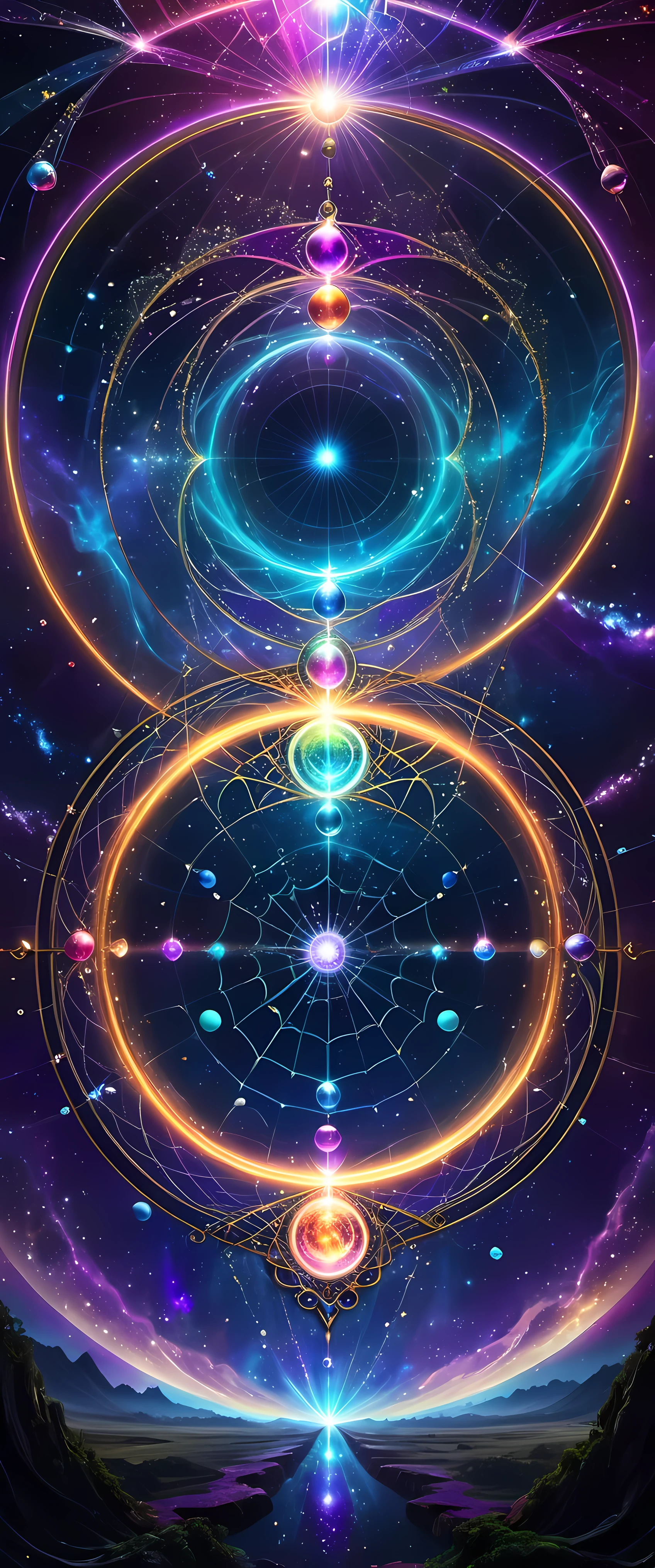 A giant spider and its web are the protagonists of the piece. The Internet becomes a magic circle representing mysterious energy. Circles filled with bright colors,Each color symbolizes a different energy, thereby enriching and diversifying artistic works. Universe space background, Decorated with floating spheres and celestial bodies, Introduce depth and visual appeal. Intricate details such as textures, Wire, and embellishments present a vibrant scene. Magic circle follows mandala design,Show a sense of mystery. within the circle, glowing energy rings and radiating Wire boost their allure. Ethereal lighting effects transform the composition into a fantasy scene. Fractal patterns of celestial bodies set against sacred geometry in the background,Refined aesthetics and enhanced mystique. Floating Celestial Resonance Magic Array, render magnetism、Striking scenes. The whole picture is calm and full of energy, Create a beautiful and charming fantasy space