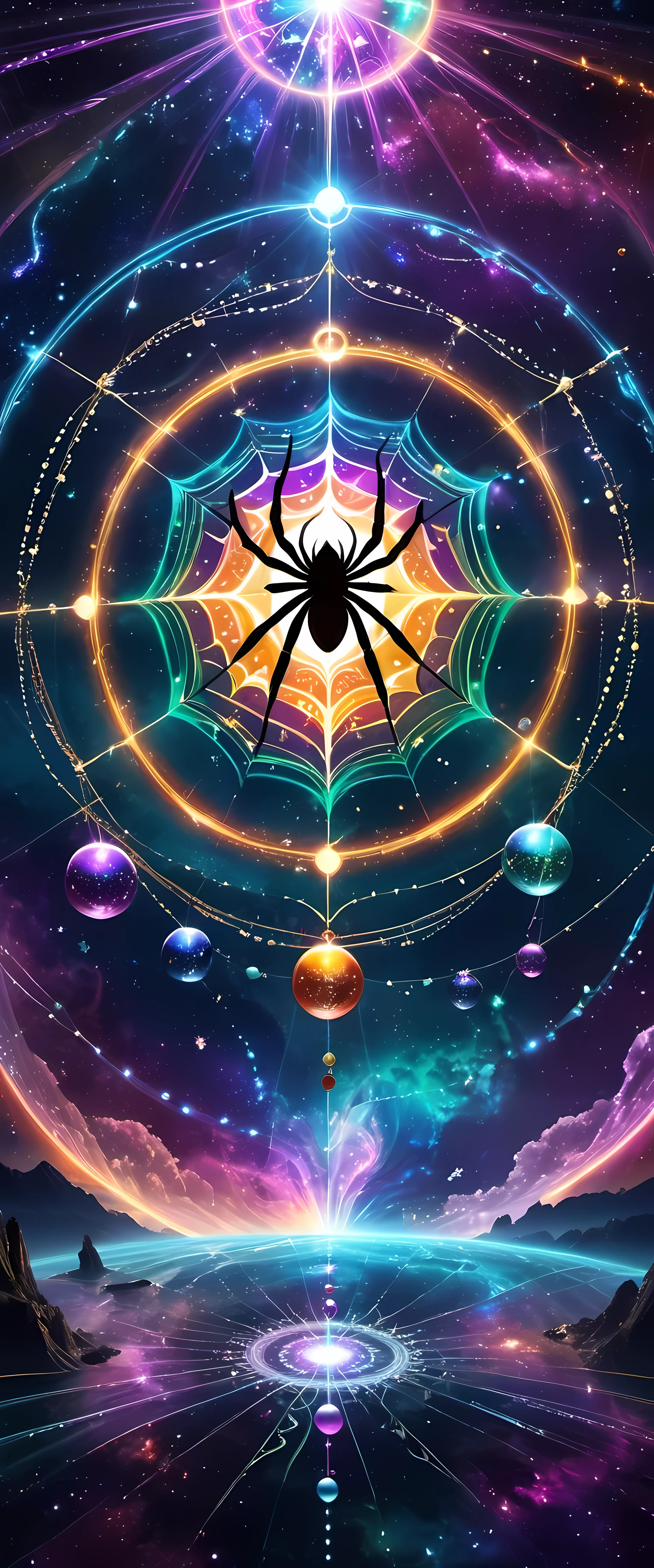 A giant spider and its web are the protagonists of the piece. The Internet becomes a magic circle representing mysterious energy. Circles filled with bright colors，Each color symbolizes a different energy, thereby enriching and diversifying artistic works. Universe space background, Decorated with floating spheres and celestial bodies, Introduce depth and visual appeal. Intricate details such as textures, Wire, and embellishments present a vibrant scene. Magic circle follows mandala design，Show a sense of mystery. within the circle, glowing energy rings and radiating Wire boost their allure. Ethereal lighting effects transform the composition into a fantasy scene. Fractal patterns of celestial bodies set against sacred geometry in the background，Refined aesthetics and enhanced mystique. Floating Celestial Resonance Magic Array, render magnetism、Striking scenes. The whole picture is calm and full of energy, Create a beautiful and charming fantasy space