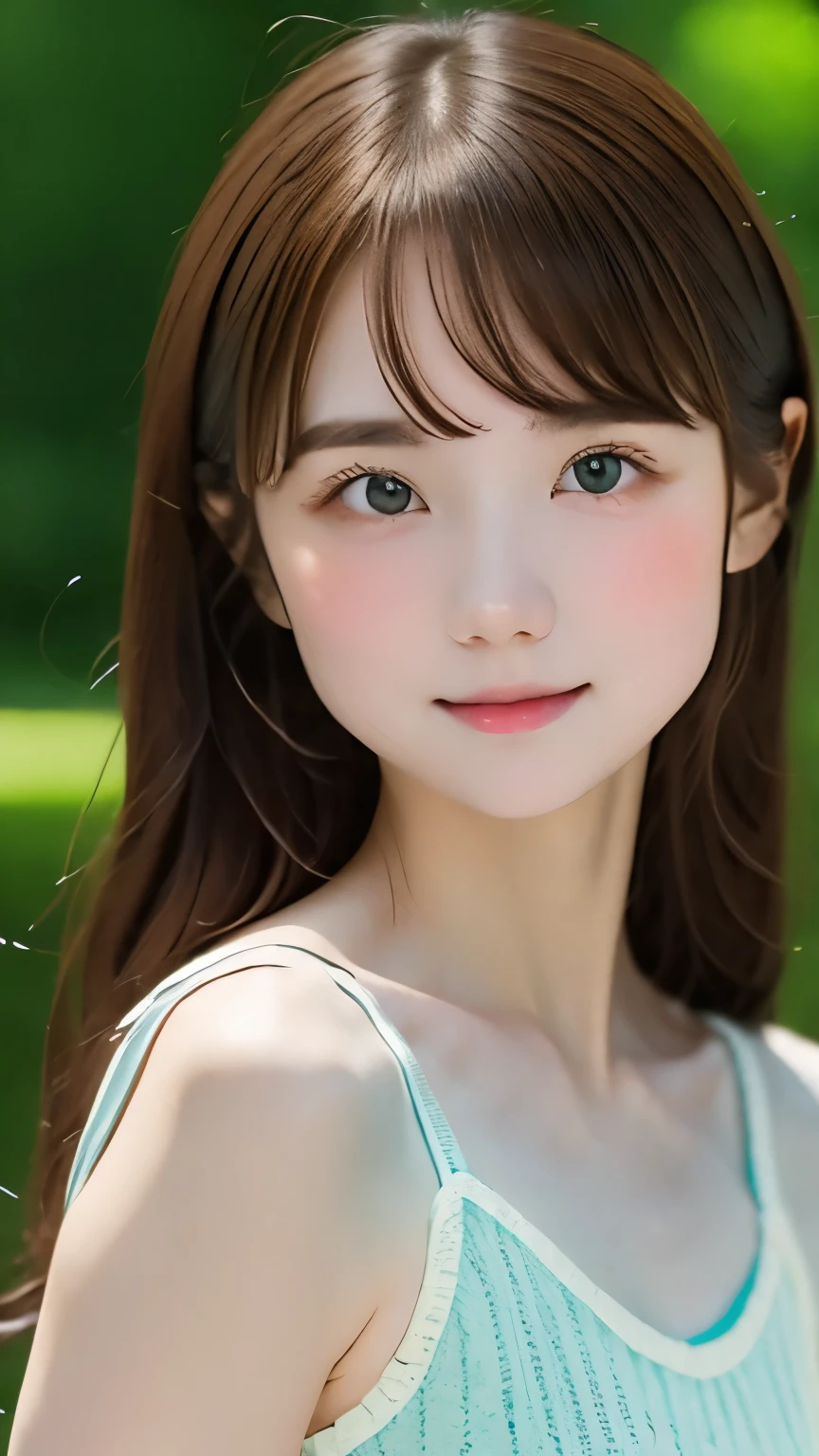 one girl、((smile:0.1))、pretty girl、brown hair、baby face、young、delicate girl、Upper body、small breasts、I can see your belly button、unreasonable precision、Super detailed、camisole、completely flat、Honesty、thin arms, professional lighting, film grain, chromatic aberration, (Eye and face details:1.0), (Bokeh:1.1)、software:1.5)))、 highest quality, 8k, 14 years,
