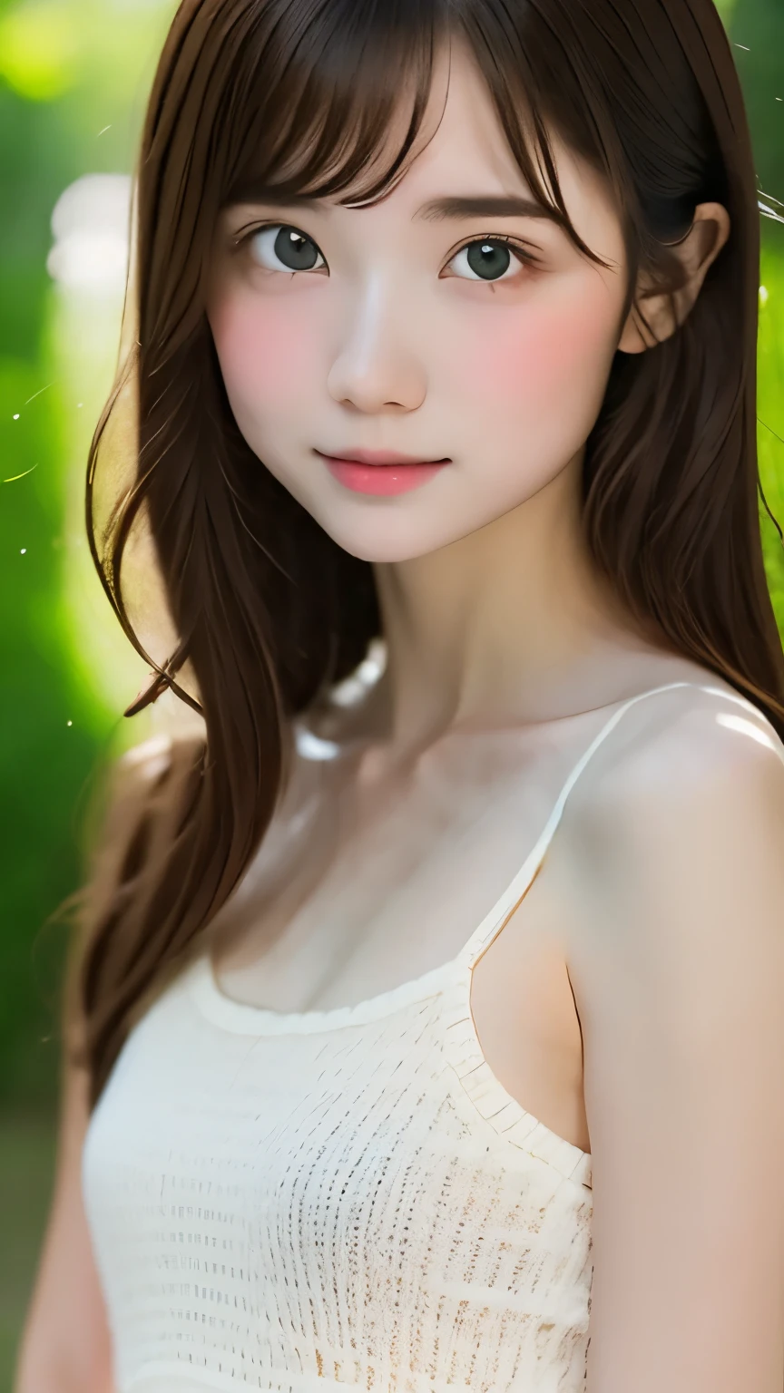 ((Highest quality)),(超High resolution),(Very detailed),(Detailed Description),((The best CG)),(masterpiece),Very detailedなアート、(Highest quality、8K、32k、masterpiece)、(Realistic)、(Realistic:1.2)、(High resolution)、Very detailed, (Close-up face:1.6), Very beautiful face and eyes, Big eyes, 1 female、Pale skin:1.4, Shine, Transparent muscles:1.2、((Ultra-Realistic Details))、Portraiture、All the characters are super realistic.:1.6、Global Illumination、Octane Rendering:1.2, The best beautiful girl,Very detailed, High resolution RAW color photos, Professional photography, Realistic portrait, Cinematic Light, With a small face、Pale Cheeks:1.1、(With a cute smile:1.4)、((Beautiful Eyes、Light enters the eyes:1.4、Staring at a lover、adorable eyes:1.2 )) 、((Shiny Hair Brown twin tails, 、Delicate texture、Voluminous Hair:1.1、Thick Hair:1.2 )), Natural Makeup、Beautiful big ,(Big ample breasts:1.2)、Captivating beauty、Captivate what you see、Tight waist、Delicate body、(Highest quality、Attention to detail、)、(Oil paint:1.2)、Very detailed、(Realistic、Realistic:1.37)、Bright colors、(Deep neckline Beautiful random color damask dress:1.4), (Front Focus), (Front Focus), (In the Dark:1.6), Outdoor 、A spacious space with greenery and flower beds々and space々and::1.4、Garden 、wind , From the side 、