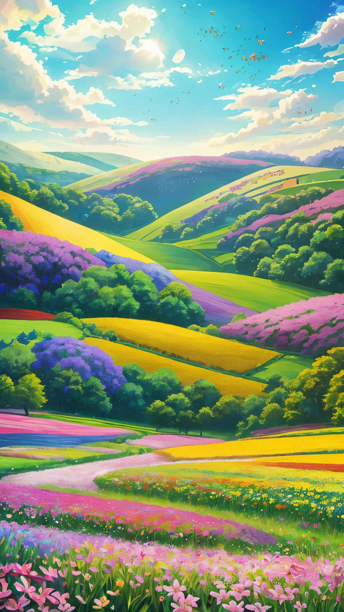 (best quality,4k,8k,highres,masterpiece:1.2),vibrantly colorful flower field,gorgeous meadow with blooming flowers,nature's beauty showcased in a vibrant landscape,lush green field dotted with colorful flowers,joyful celebration of nature's beauty,(realistic,photorealistic,photo-realistic:1.37) depiction of a picturesque flower field,splashes of color in a serene green meadow,mesmerizing floral tapestry under the blue sky,an idyllic scene of blooming flowers in a lush green countryside,vivid and detailed portrayal of a flower-filled field

[illustration,3D rendering],capturing nature's beauty with a stunning illustration,a beautifully crafted 3D rendering of a flower field,a vibrant digital artwork showcasing colorful flowers,[photography,concept artists] inspired photo-realistic portrayal of a scenic flower field,a conceptual artwork capturing the essence of a flower-filled meadow,a photographer's vision brought to life in a vibrant floral composition

lively atmosphere with bees buzzing and butterflies fluttering around,serene landscape with birds chirping and a gentle breeze rustling through the flowers,nature's symphony with the soft sound of wind passing through the field,whispers of nature as the wind gently rustles the blooms,tranquil nature scene with the sound of buzzing insects and singing birds,a lively ecosystem filled with the harmony of buzzing bees and chirping birds

vivid and vibrant colors that pop from the canvas,vibrant hues that bring the flowers to life,rich and diverse color palette showcasing the beauty of nature's creations,an explosion of colors that create a visually stunning display,an array of vibrant and contrasting colors that captivate the eye,diverse color scheme that adds depth and visual interest to the scene

soft and warm lighting that bathes the field in a golden glow,gentle sunlight casting a warm glow on the blooming flowers,natural lighting accentuating the beauty of the flower field,soft sunlight filtering through the leaves
