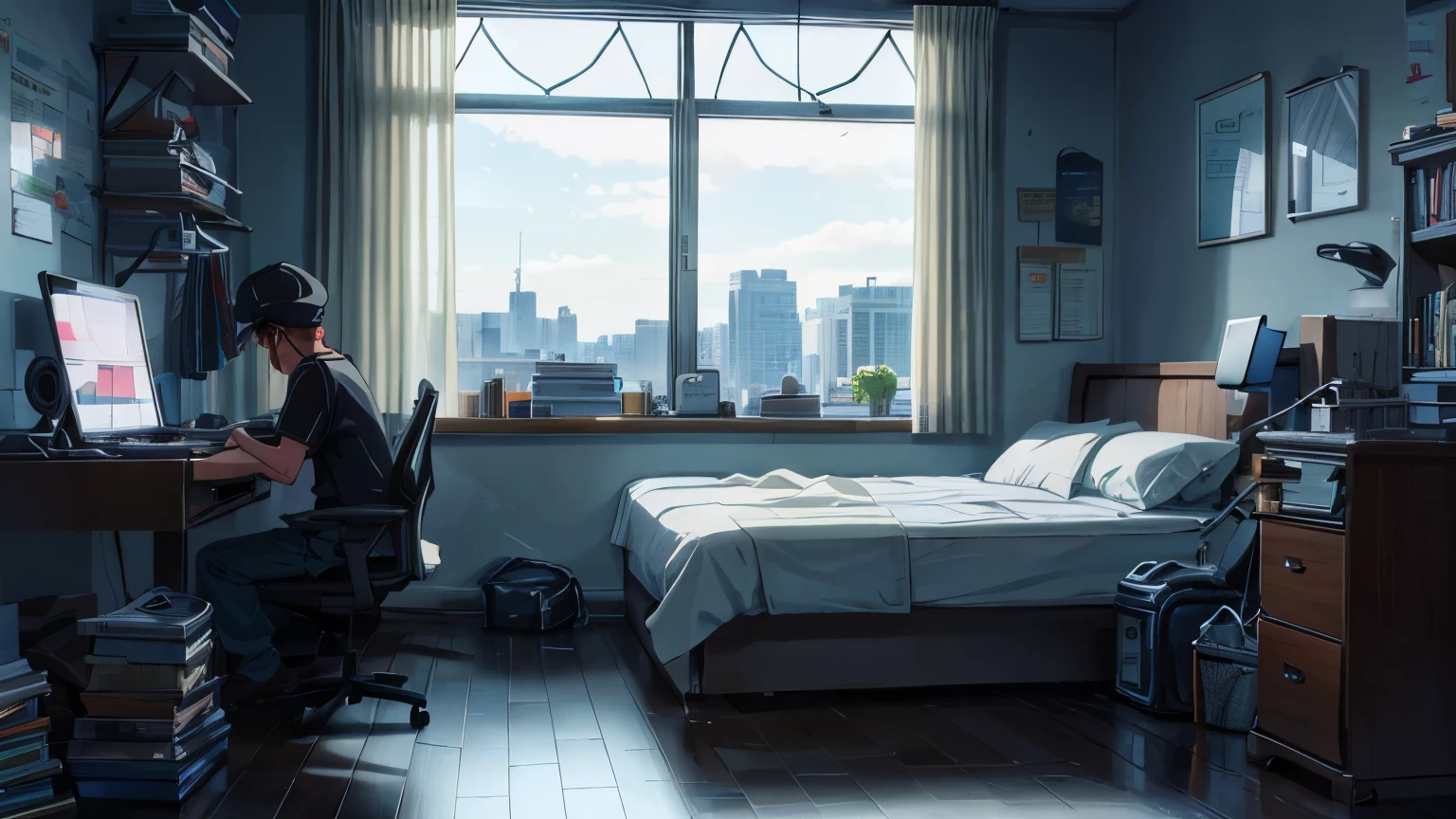 Place a boy in a black cap and headphones sitting on the chair interacting with the laptop