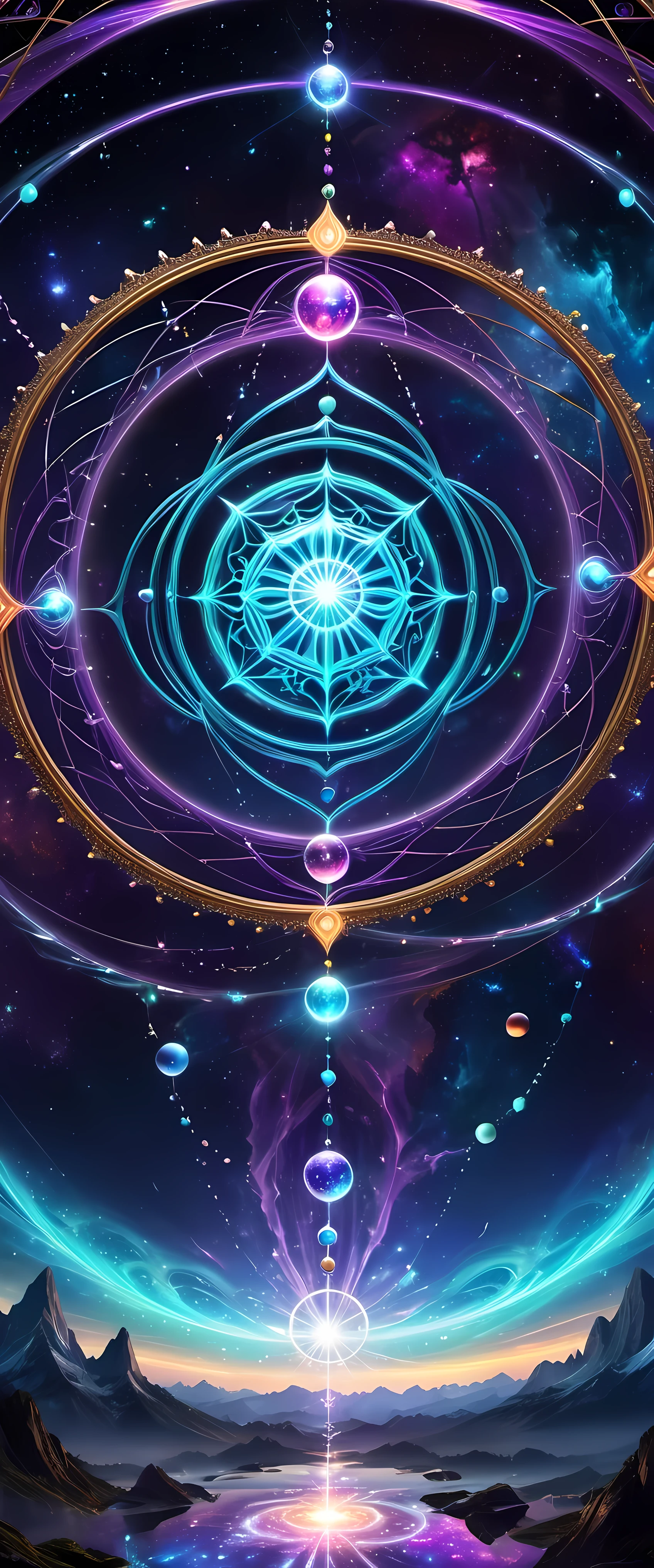 A giant spider and its web are the protagonists of the piece. The Internet becomes a magic circle representing mysterious energy. Circles filled with bright colors，Each color symbolizes a different energy, thereby enriching and diversifying artistic works. Universe space background, Decorated with floating spheres and celestial bodies, Introduce depth and visual appeal. Intricate details such as textures, Wire, and embellishments present a vibrant scene. Magic circle follows mandala design，Show a sense of mystery. within the circle, glowing energy rings and radiating Wire boost their allure. Ethereal lighting effects transform the composition into a fantasy scene. Fractal patterns of celestial bodies set against sacred geometry in the background，Refined aesthetics and enhanced mystique. Floating Celestial Resonance Magic Array, render magnetism、Striking scenes. The whole picture is calm and full of energy, Create a beautiful and charming fantasy space
