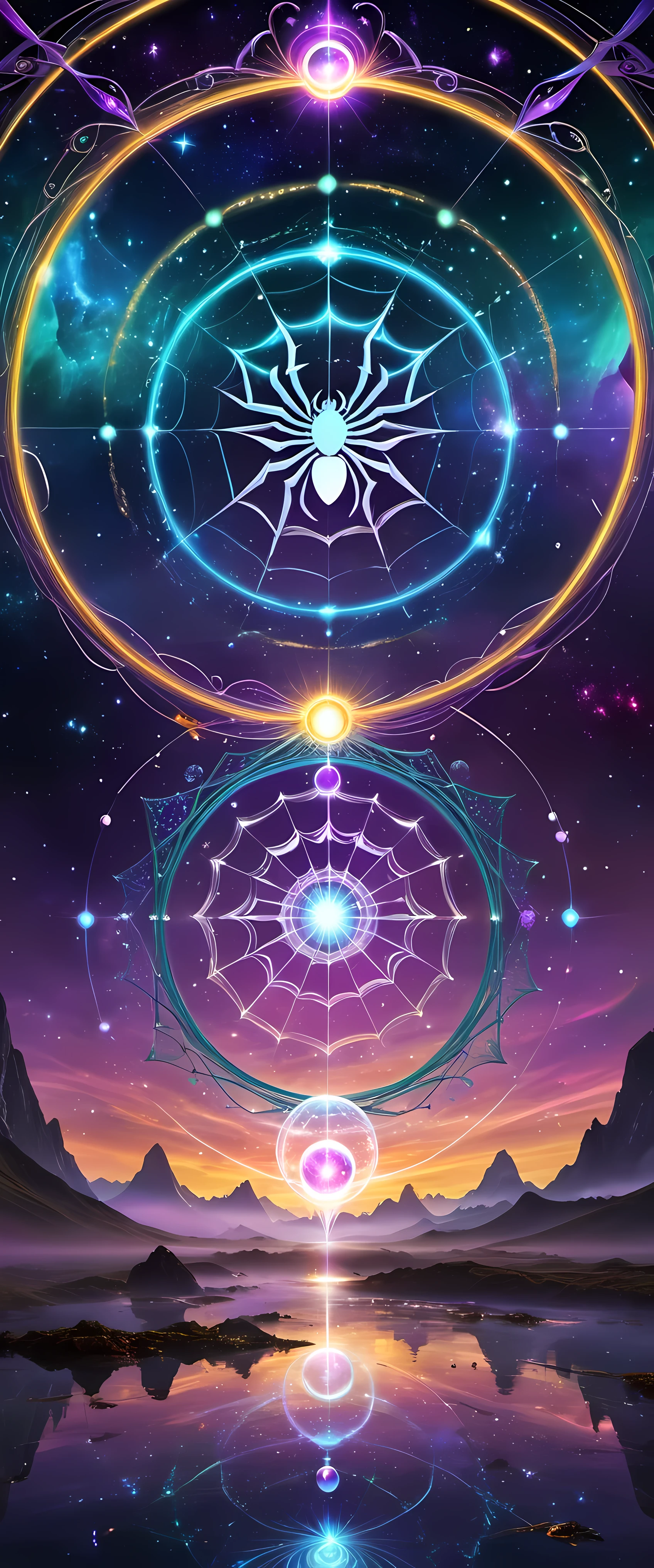 A giant spider and its web are the protagonists of the piece. The Internet becomes a magic circle representing mysterious energy. Circles filled with bright colors,Each color symbolizes a different energy, thereby enriching and diversifying artistic works. Universe space background, Decorated with floating spheres and celestial bodies, Introduce depth and visual appeal. Intricate details such as textures, Wire, and embellishments present a vibrant scene. Magic circle follows mandala design,Show a sense of mystery. within the circle, glowing energy rings and radiating Wire boost their allure. Ethereal lighting effects transform the composition into a fantasy scene. Fractal patterns of celestial bodies set against sacred geometry in the background,Refined aesthetics and enhanced mystique. Floating Celestial Resonance Magic Array, render magnetism、Striking scenes. The whole picture is calm and full of energy, Create a beautiful and charming fantasy space