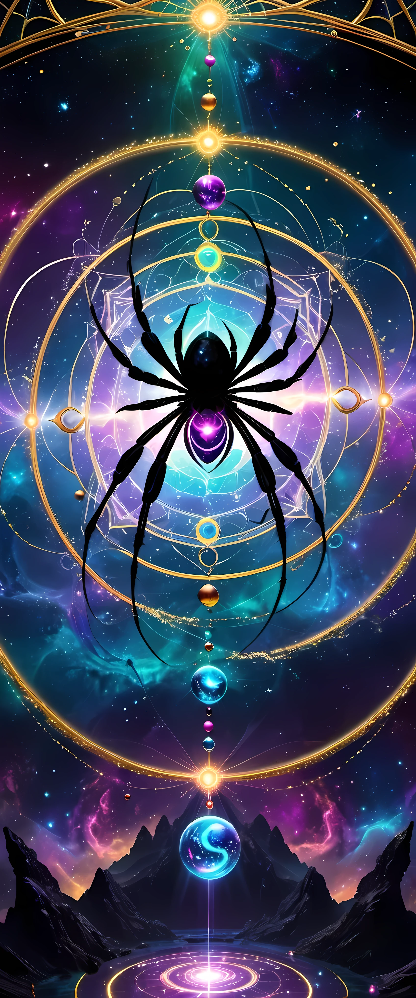 A giant spider and its web are the protagonists of the piece. The Internet becomes a magic circle representing mysterious energy. Circles filled with bright colors，Each color symbolizes a different energy, thereby enriching and diversifying artistic works. Universe space background, Decorated with floating spheres and celestial bodies, Introduce depth and visual appeal. Intricate details such as textures, Wire, and embellishments present a vibrant scene. Magic circle follows mandala design，Show a sense of mystery. within the circle, glowing energy rings and radiating Wire boost their allure. Ethereal lighting effects transform the composition into a fantasy scene. Fractal patterns of celestial bodies set against sacred geometry in the background，Refined aesthetics and enhanced mystique. Floating Celestial Resonance Magic Array, render magnetism、Striking scenes. The whole picture is calm and full of energy, Create a beautiful and charming fantasy space