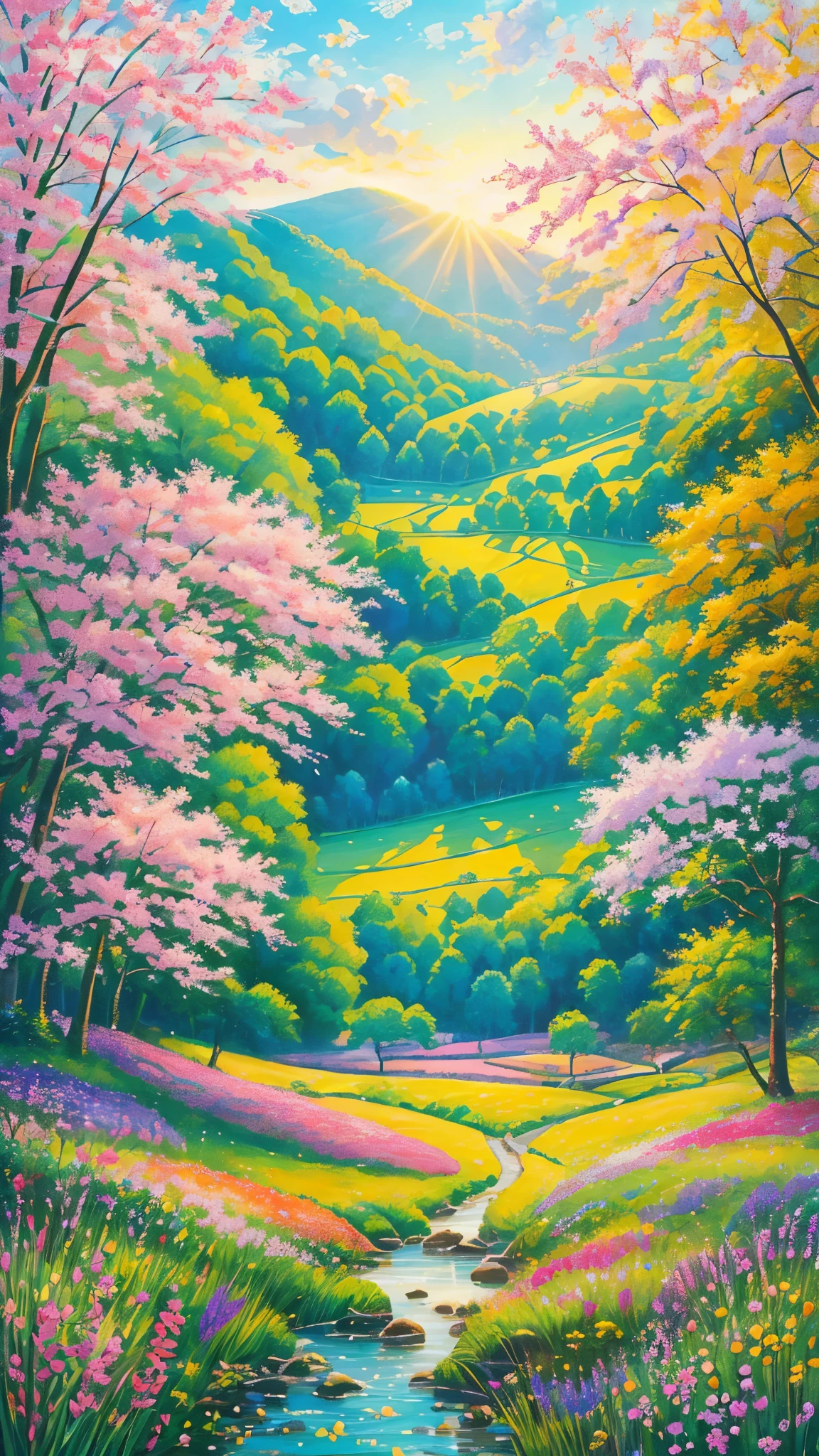 (best quality,realistic:1.2,highres),a lush green field, vibrant colorful flowers dotting the landscape,portraying the beauty of nature and the joy we can find in God's creation,illustration,extraordinary level of detail,stunning visual representation,impressive variety of flowers,serene atmosphere,sunlit scene,every blade of grass rendered with utmost precision,rich and vibrant colors,exquisite brushstrokes,picture-perfect composition,painting with a touch of impressionism,soft natural lighting,immersive experience,emphasizing the intricate details of the flowers,captivating and lifelike portrayal,awe-inspiring view,professional-level artwork,invoking a sense of tranquility and happiness.