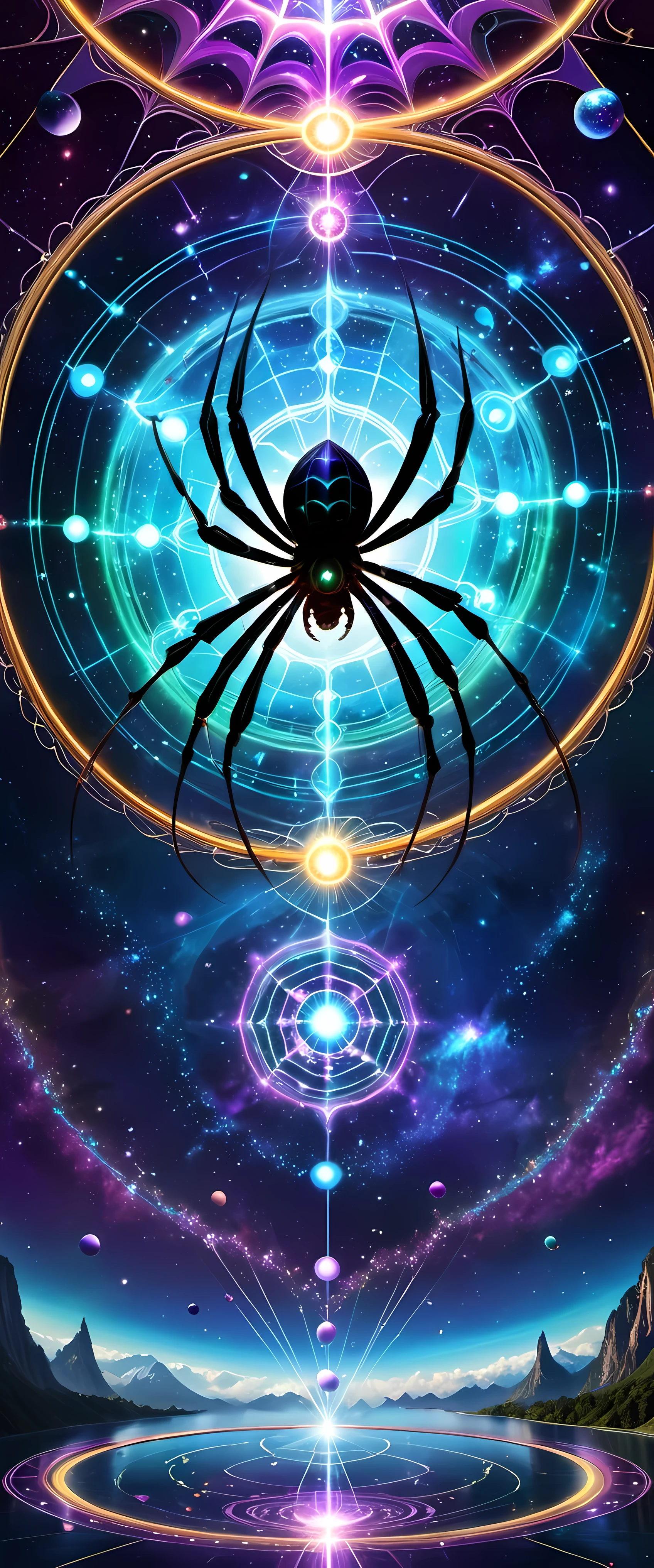 A giant spider and its web are the protagonists of the piece. The Internet becomes a magic circle representing mysterious energy. Circles filled with bright colors,Each color symbolizes a different energy, thereby enriching and diversifying artistic works. Universe space background, Decorated with floating spheres and celestial bodies, Introduce depth and visual appeal. Intricate details such as textures, Wire, and embellishments present a vibrant scene. Magic circle follows mandala design,Show a sense of mystery. within the circle, glowing energy rings and radiating Wire boost their allure. Ethereal lighting effects transform the composition into a fantasy scene. Fractal patterns of celestial bodies set against sacred geometry in the background,Refined aesthetics and enhanced mystique. Floating Celestial Resonance Magic Array, render magnetism、Striking scenes. The whole picture is calm and full of energy, Create a beautiful and charming fantasy space