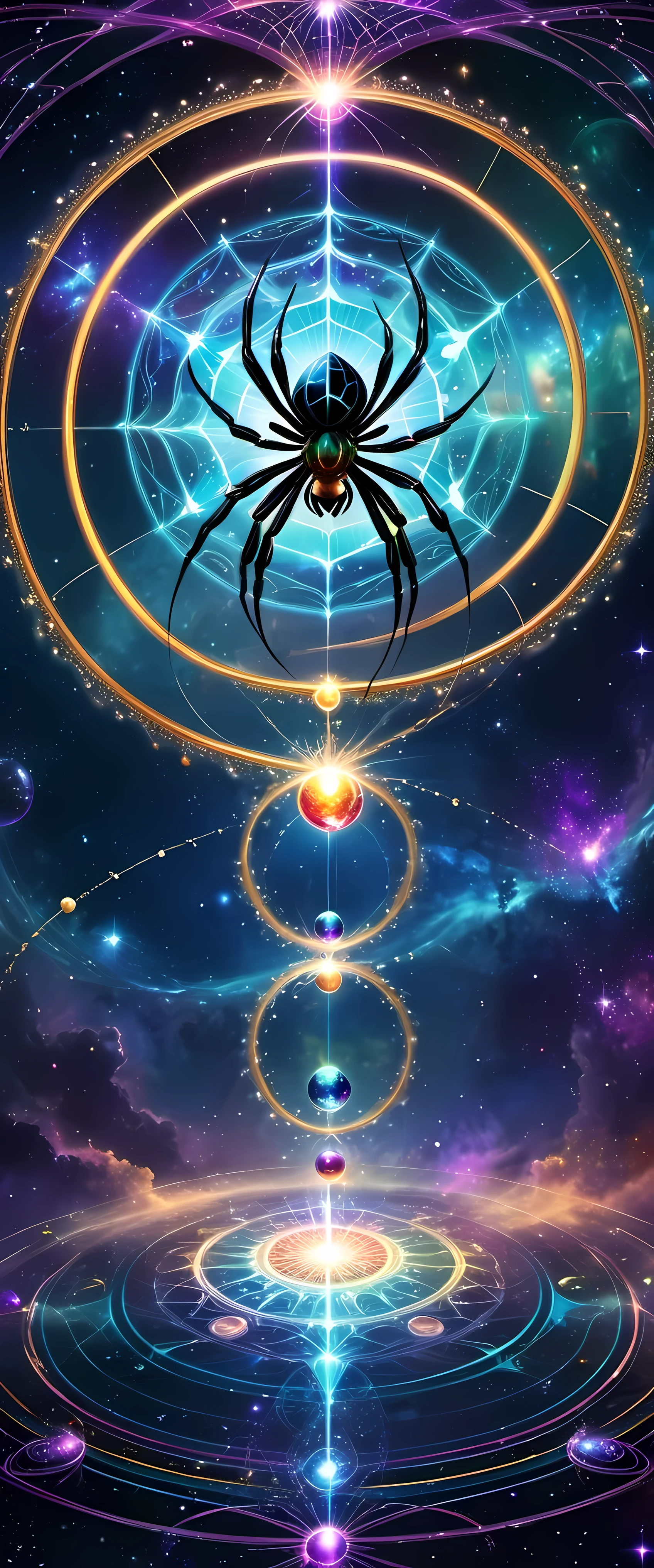 A giant spider and its web are the protagonists of the piece. The Internet becomes a magic circle representing mysterious energy. Circles filled with bright colors，Each color symbolizes a different energy, thereby enriching and diversifying artistic works. Universe space background, Decorated with floating spheres and celestial bodies, Introduce depth and visual appeal. Intricate details such as textures, Wire, and embellishments present a vibrant scene. Magic circle follows mandala design，Show a sense of mystery. within the circle, glowing energy rings and radiating Wire boost their allure. Ethereal lighting effects transform the composition into a fantasy scene. Fractal patterns of celestial bodies set against sacred geometry in the background，Refined aesthetics and enhanced mystique. Floating Celestial Resonance Magic Array, render magnetism、Striking scenes. The whole picture is calm and full of energy, Create a beautiful and charming fantasy space
