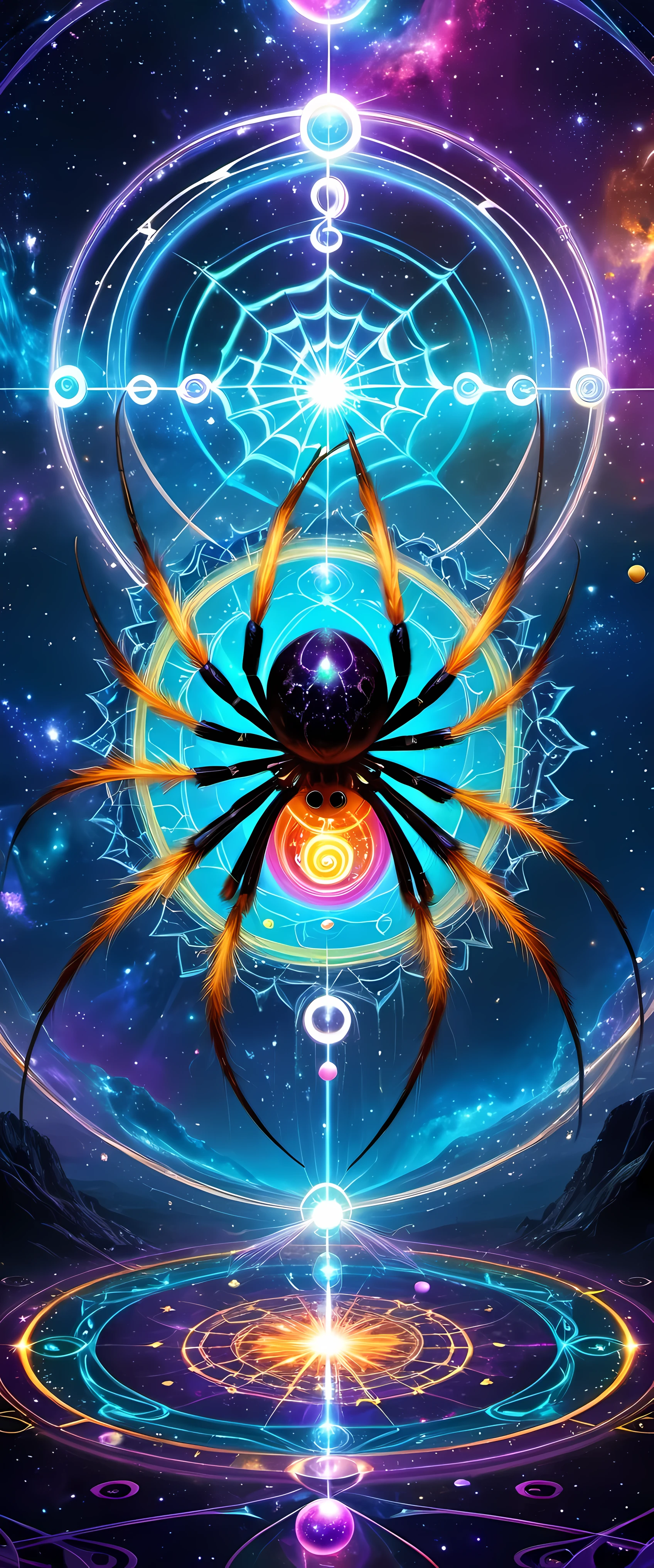 A giant spider and its web are the protagonists of the piece. The Internet becomes a magic circle representing mysterious energy. Circles filled with bright colors，Each color symbolizes a different energy, thereby enriching and diversifying artistic works. Universe space background, Decorated with floating spheres and celestial bodies, Introduce depth and visual appeal. Intricate details such as textures, Wire, and embellishments present a vibrant scene. Magic circle follows mandala design，Show a sense of mystery. within the circle, glowing energy rings and radiating Wire boost their allure. Ethereal lighting effects transform the composition into a fantasy scene. Fractal patterns of celestial bodies set against sacred geometry in the background，Refined aesthetics and enhanced mystique. Floating Celestial Resonance Magic Array, render magnetism、Striking scenes. The whole picture is calm and full of energy, Create a beautiful and charming fantasy space