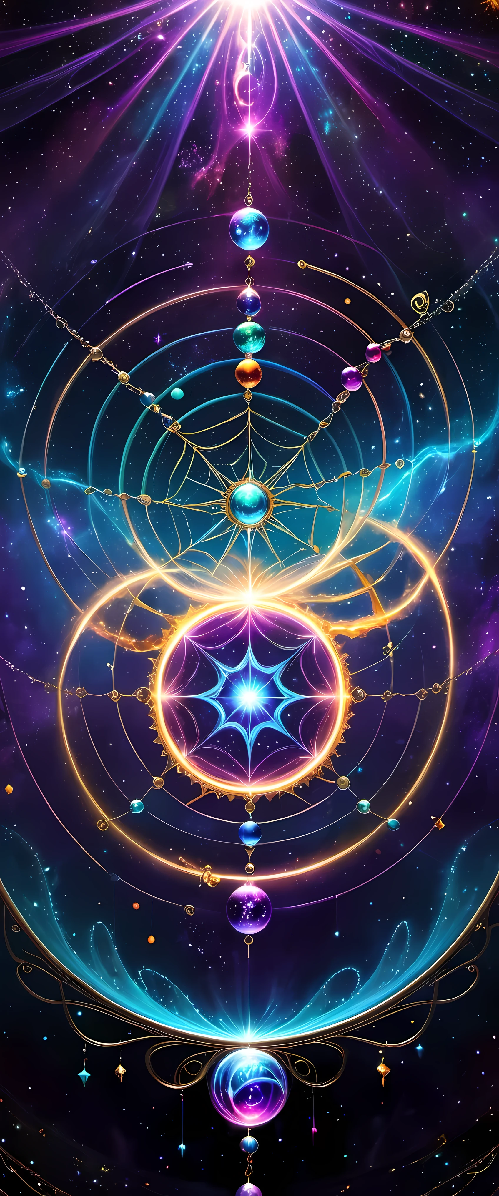 A giant spider and its web are the protagonists of the piece. The Internet becomes a magic circle representing mysterious energy. Circles filled with bright colors,Each color symbolizes a different energy, thereby enriching and diversifying artistic works. Universe space background, Decorated with floating spheres and celestial bodies, Introduce depth and visual appeal. Intricate details such as textures, Wire, and embellishments present a vibrant scene. Magic circle follows mandala design,Show a sense of mystery. within the circle, glowing energy rings and radiating Wire boost their allure. Ethereal lighting effects transform the composition into a fantasy scene. Fractal patterns of celestial bodies set against sacred geometry in the background,Refined aesthetics and enhanced mystique. Floating Celestial Resonance Magic Array, render magnetism、Striking scenes. The whole picture is calm and full of energy, Create a beautiful and charming fantasy space