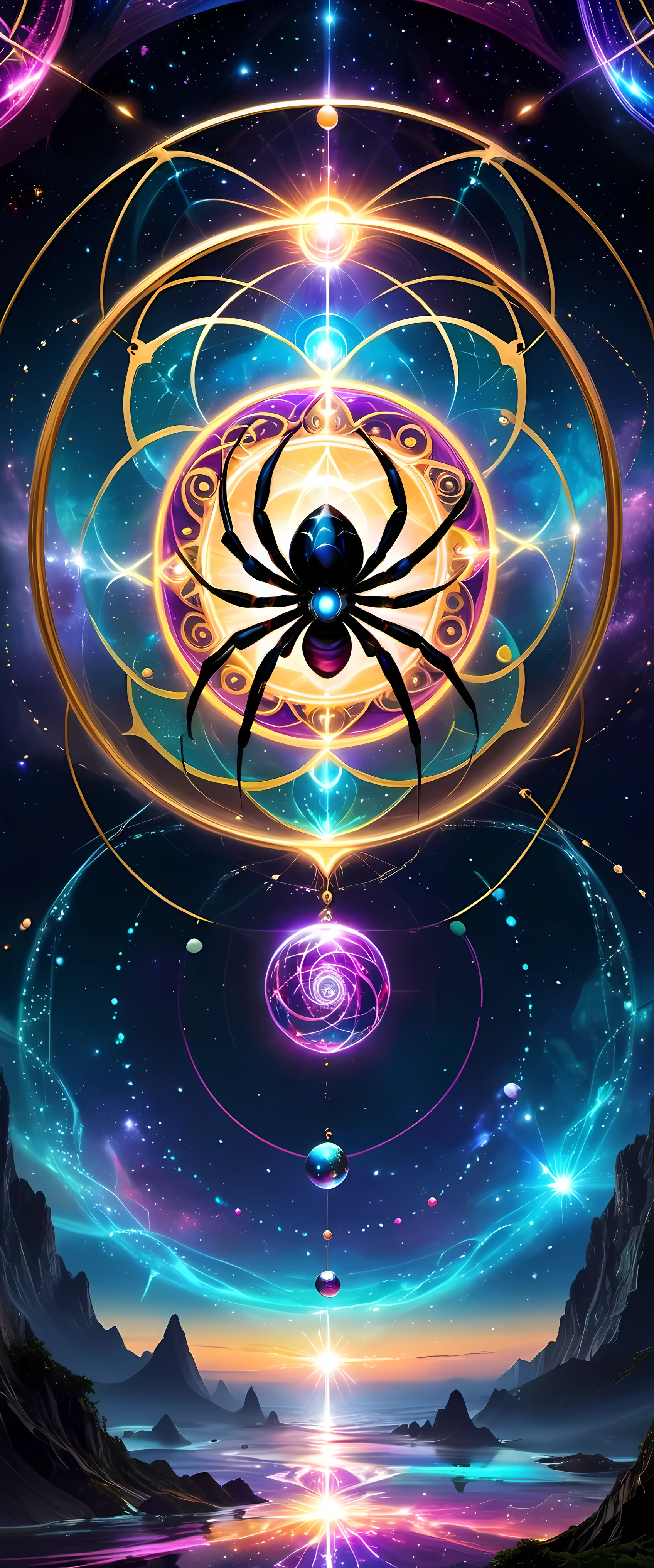 A giant spider and its web are the protagonists of the piece. The Internet becomes a magic circle representing mysterious energy. Circles filled with bright colors，Each color symbolizes a different energy, thereby enriching and diversifying artistic works. Universe space background, Decorated with floating spheres and celestial bodies, Introduce depth and visual appeal. Intricate details such as textures, Wire, and embellishments present a vibrant scene. Magic circle follows mandala design，Show a sense of mystery. within the circle, glowing energy rings and radiating Wire boost their allure. Ethereal lighting effects transform the composition into a fantasy scene. Fractal patterns of celestial bodies set against sacred geometry in the background，Refined aesthetics and enhanced mystique. Floating Celestial Resonance Magic Array, render magnetism、Striking scenes. The whole picture is calm and full of energy, Create a beautiful and charming fantasy space