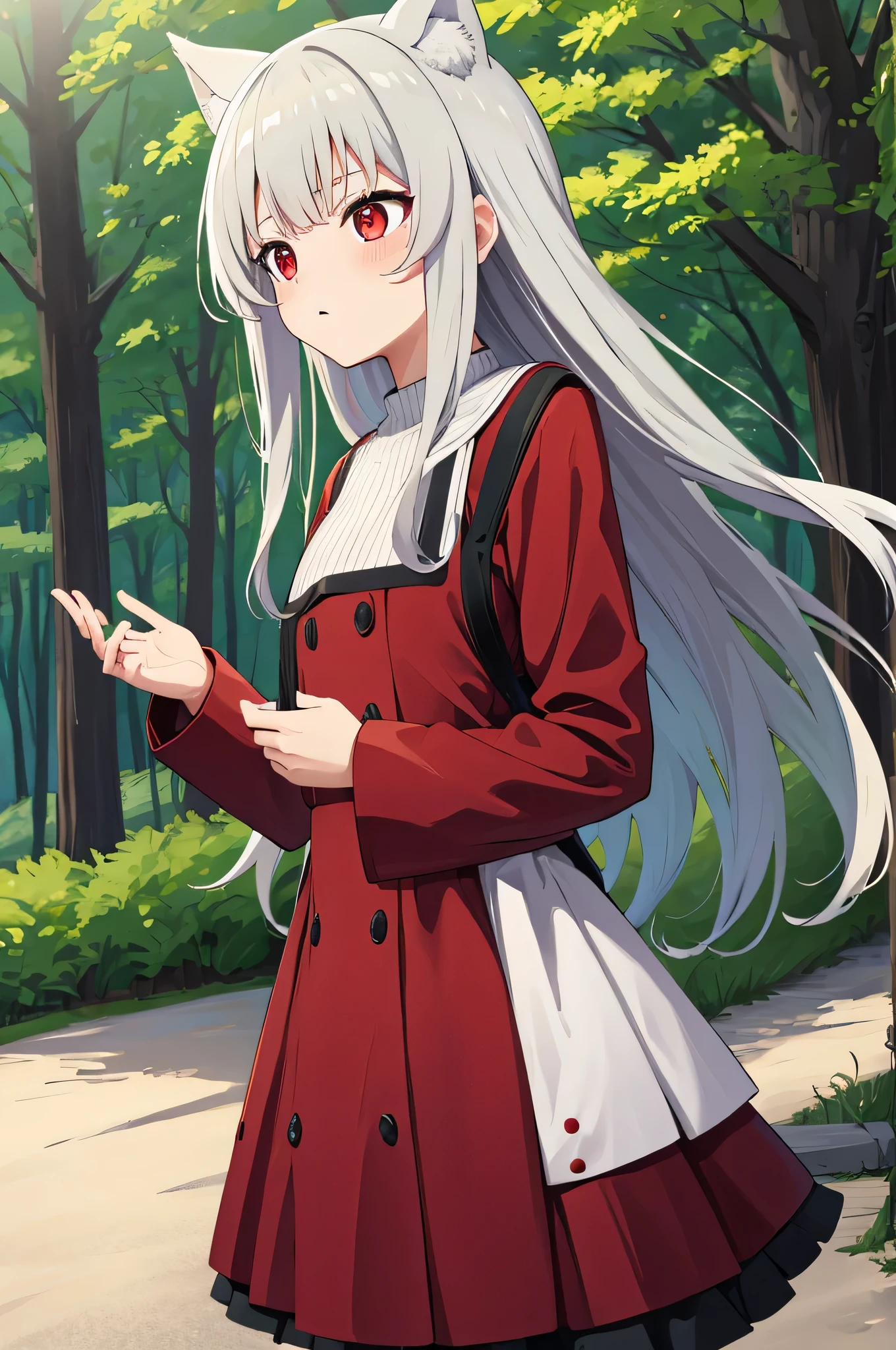Anime wolfgirl, wearing white dress, in the forest, gray hair, red eyes, high quality, best quality, 4k, 2k,
