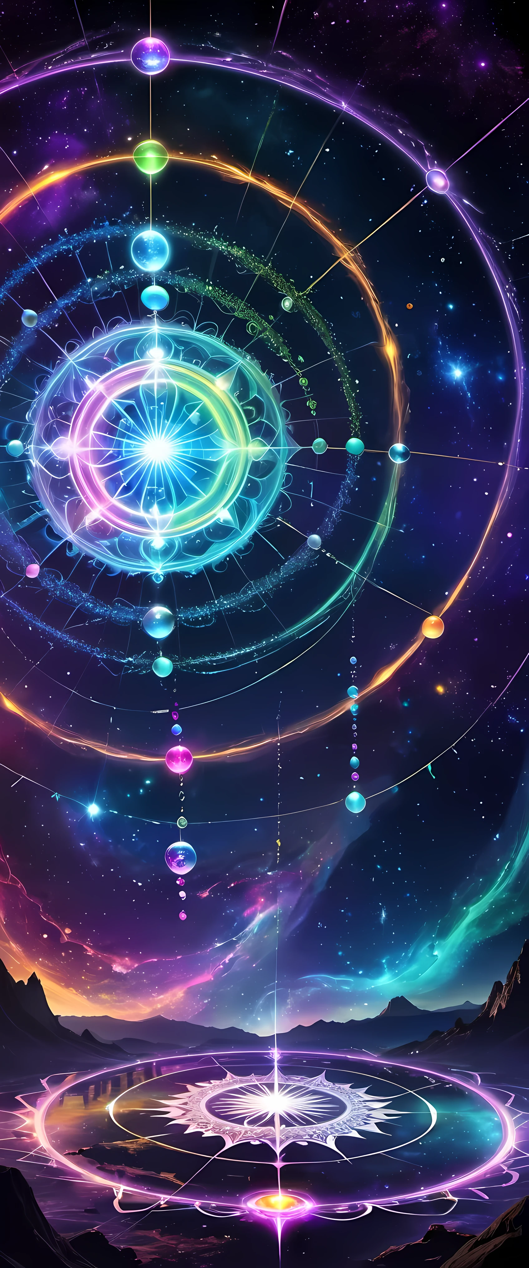 A giant spider and its web are the protagonists of the piece. The Internet becomes a magic circle representing mysterious energy. Circles filled with bright colors，Each color symbolizes a different energy, thereby enriching and diversifying artistic works. Universe space background, Decorated with floating spheres and celestial bodies, Introduce depth and visual appeal. Intricate details such as textures, Wire, and embellishments present a vibrant scene. Magic circle follows mandala design，Show a sense of mystery. within the circle, glowing energy rings and radiating Wire boost their allure. Ethereal lighting effects transform the composition into a fantasy scene. Fractal patterns of celestial bodies set against sacred geometry in the background，Refined aesthetics and enhanced mystique. Floating Celestial Resonance Magic Array, render magnetism、Striking scenes. The whole picture is calm and full of energy, Create a beautiful and charming fantasy space