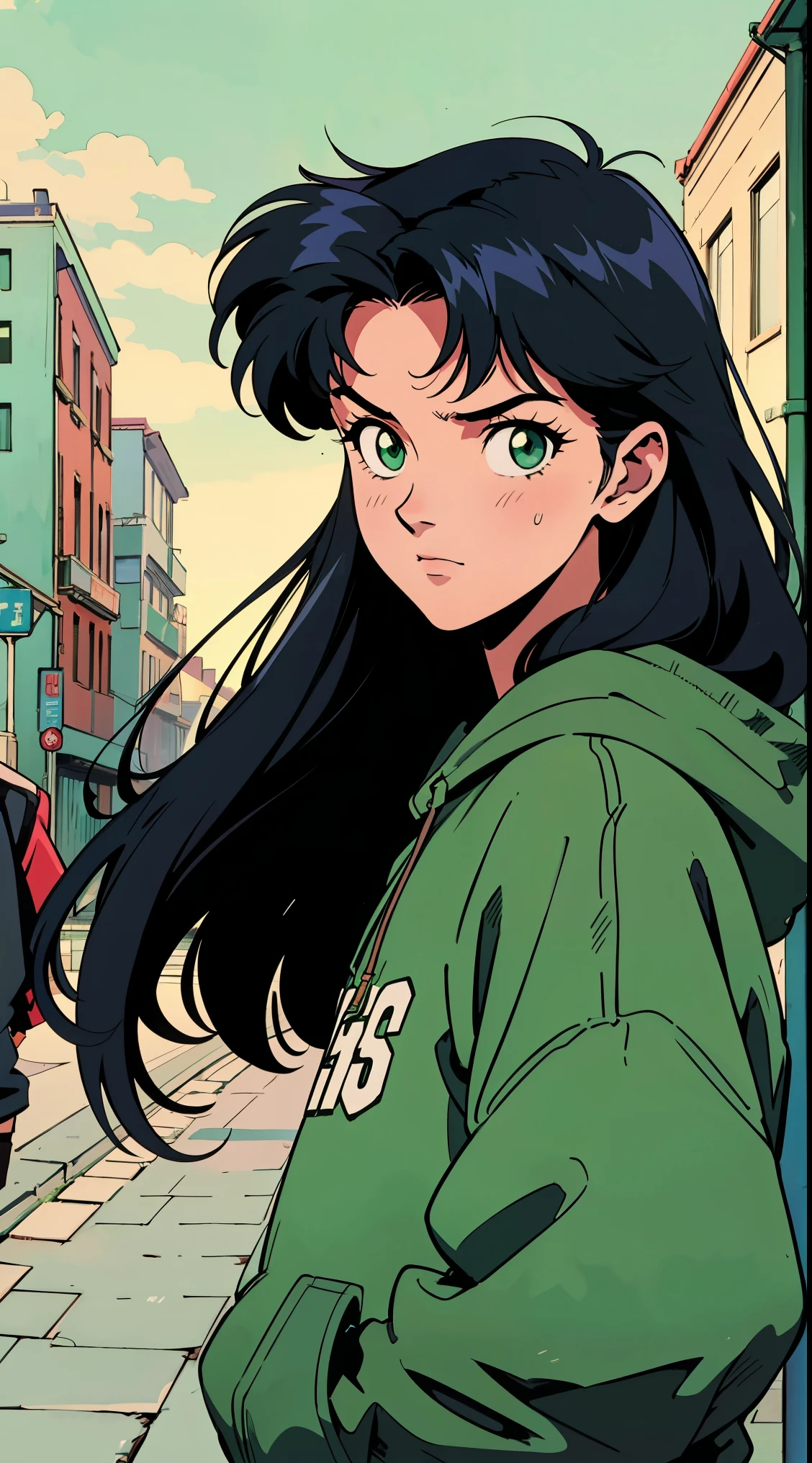 Highest image quality, 90s style anime, 21 year old girl, Misato Katsuragi Style, black hair, long hair, Light green eyes, with a loose hoodie, 90s fashion, busy street, 90s street 