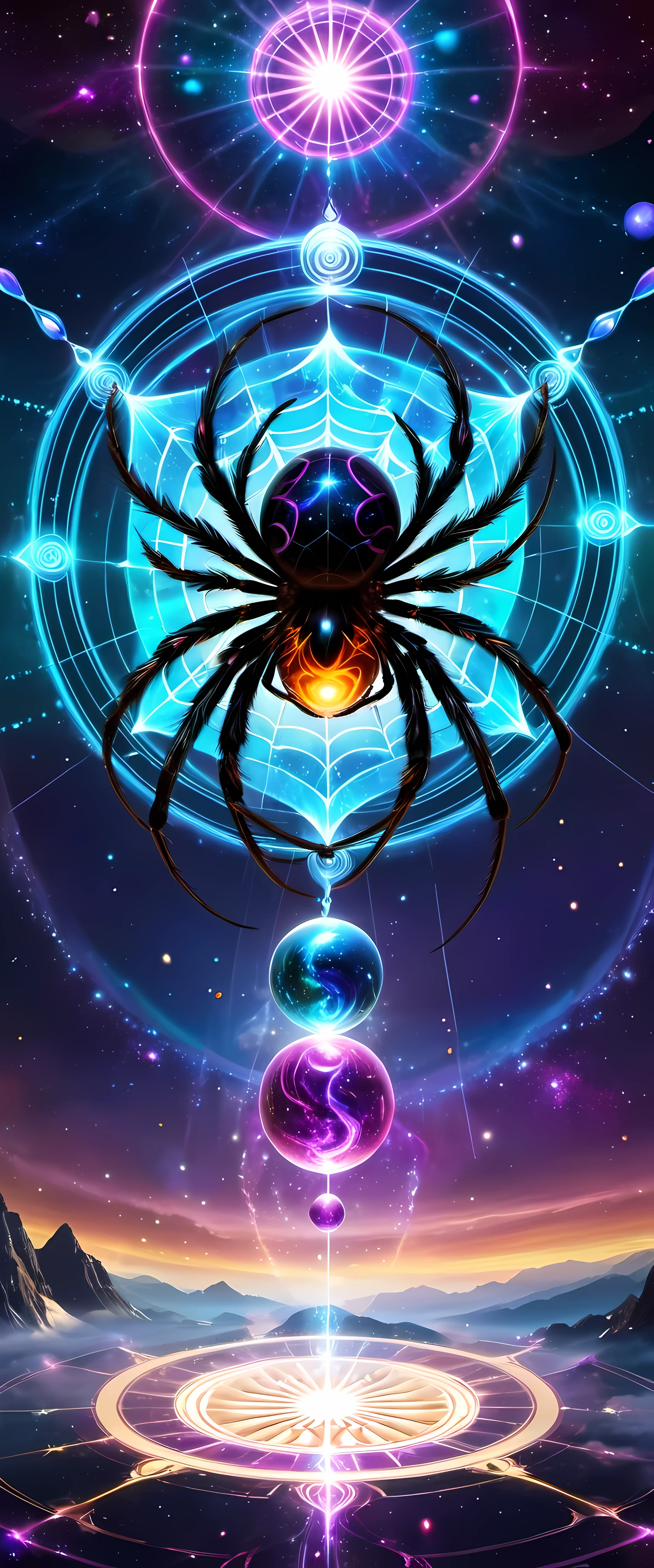 A giant spider and its web are the protagonists of the piece. The Internet becomes a magic circle representing mysterious energy. Circles filled with bright colors，Each color symbolizes a different energy, thereby enriching and diversifying artistic works. Universe space background, Decorated with floating spheres and celestial bodies, Introduce depth and visual appeal. Intricate details such as textures, Wire, and embellishments present a vibrant scene. Magic circle follows mandala design，Show a sense of mystery. within the circle, glowing energy rings and radiating Wire boost their allure. Ethereal lighting effects transform the composition into a fantasy scene. Fractal patterns of celestial bodies set against sacred geometry in the background，Refined aesthetics and enhanced mystique. Floating Celestial Resonance Magic Array, render magnetism、Striking scenes. The whole picture is calm and full of energy, Create a beautiful and charming fantasy space