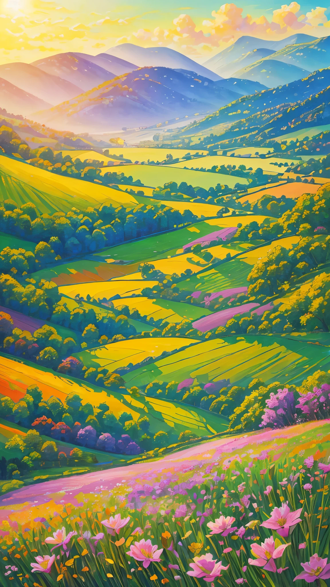 (best quality,realistic:1.2,highres),a lush green field, vibrant colorful flowers dotting the landscape,portraying the beauty of nature and the joy we can find in God's creation,illustration,extraordinary level of detail,stunning visual representation,impressive variety of flowers,serene atmosphere,sunlit scene,every blade of grass rendered with utmost precision,rich and vibrant colors,exquisite brushstrokes,picture-perfect composition,painting with a touch of impressionism,soft natural lighting,immersive experience,emphasizing the intricate details of the flowers,captivating and lifelike portrayal,awe-inspiring view,professional-level artwork,invoking a sense of tranquility and happiness.